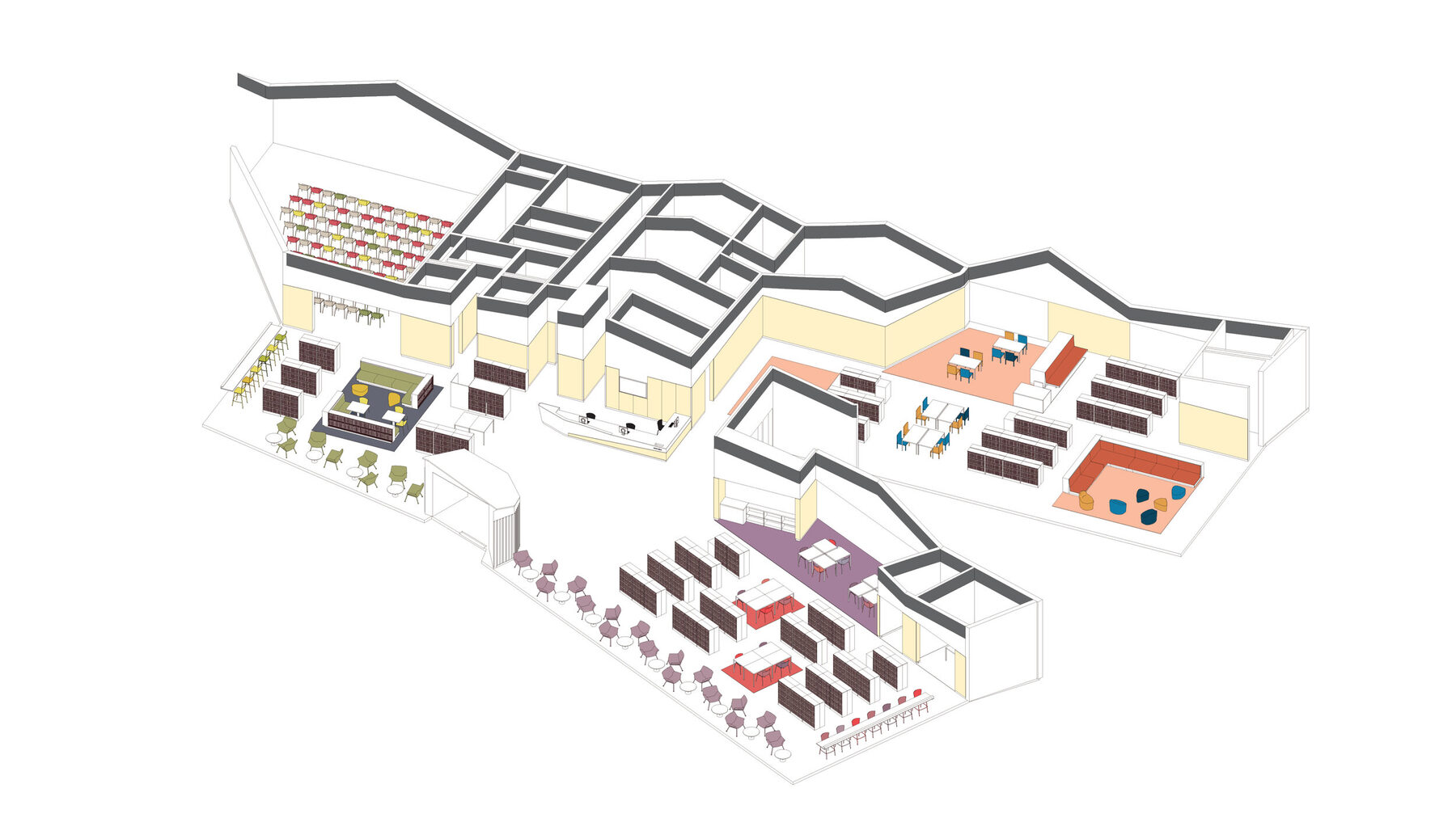 Cutaway axonometric view showing the rolling roof geometry and the program organization beneath
