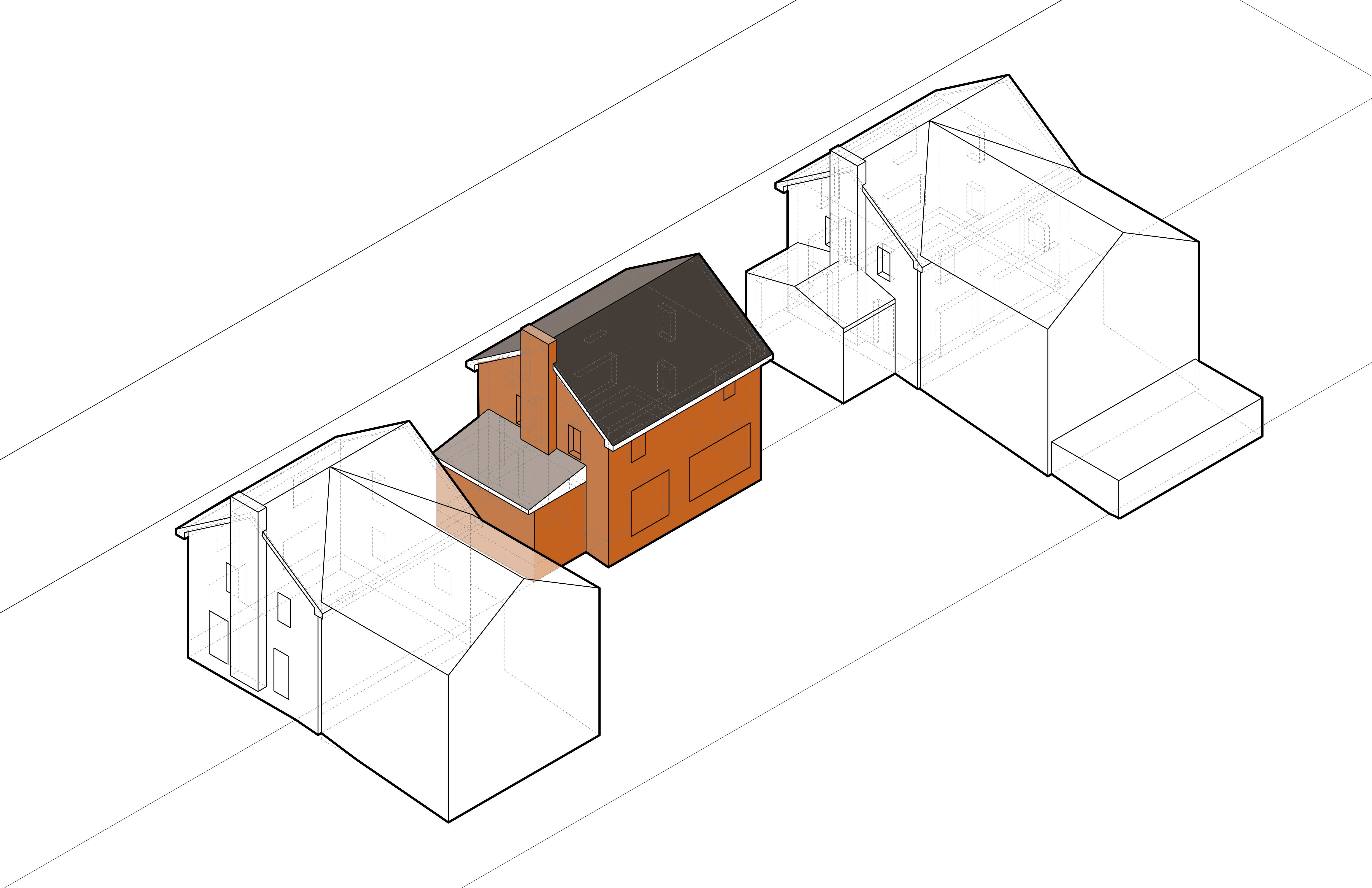 Isometric of the existing 1930s colonial in orange, its enclosed side porch shown in lighter pink, with the two neighboring houses drawn in ghosted line — the original house sits as a smaller object on a row of larger neighbors