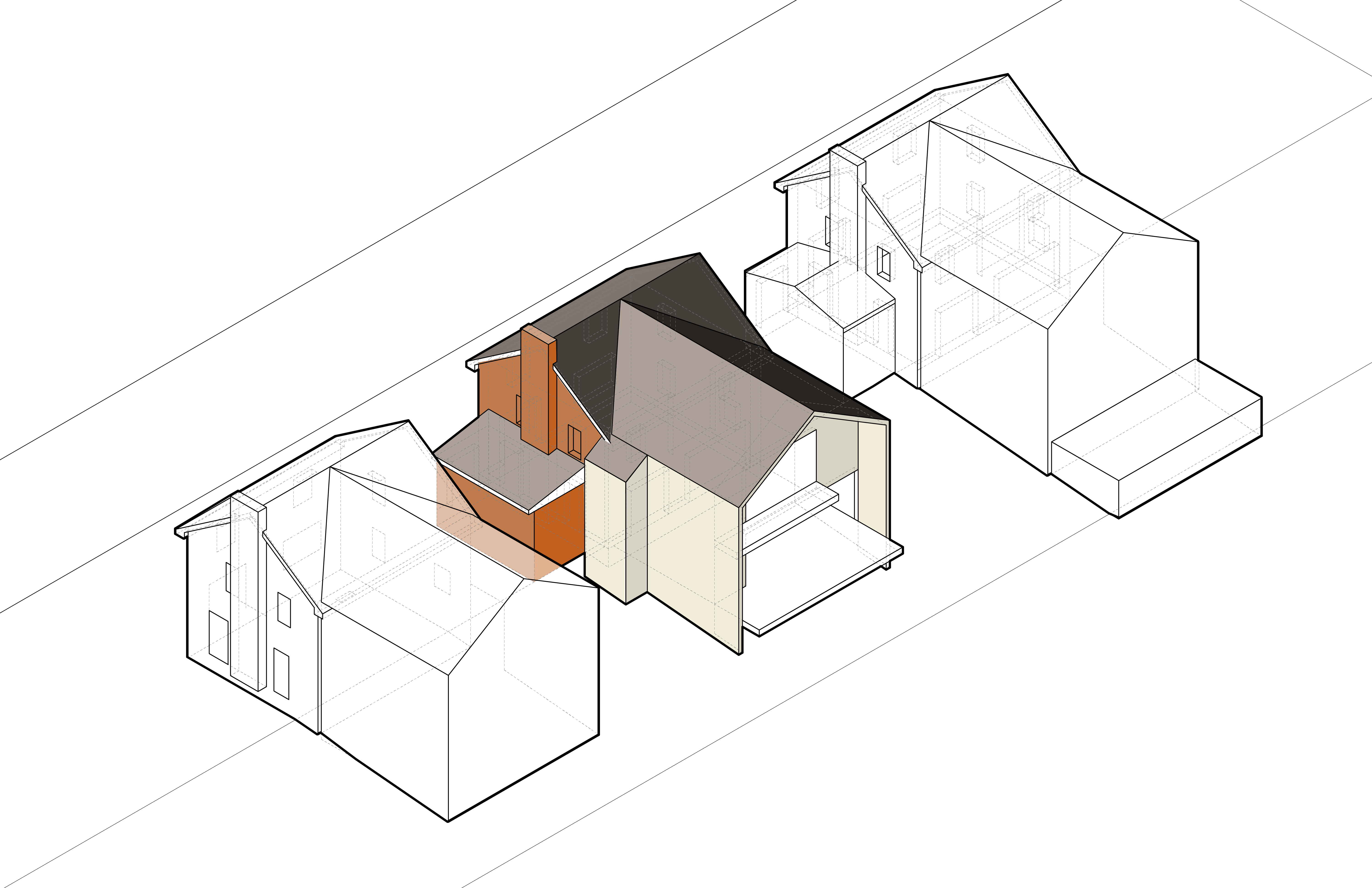 Isometric of the renovated house at the same projection and anchor: the original orange volume remains in its exact original position, with the new tan addition extending into the yard behind it, the new gable roof spanning the two, and the side porch now absorbed into the new first-floor program; the neighbors sit unchanged in the same ghosted positions