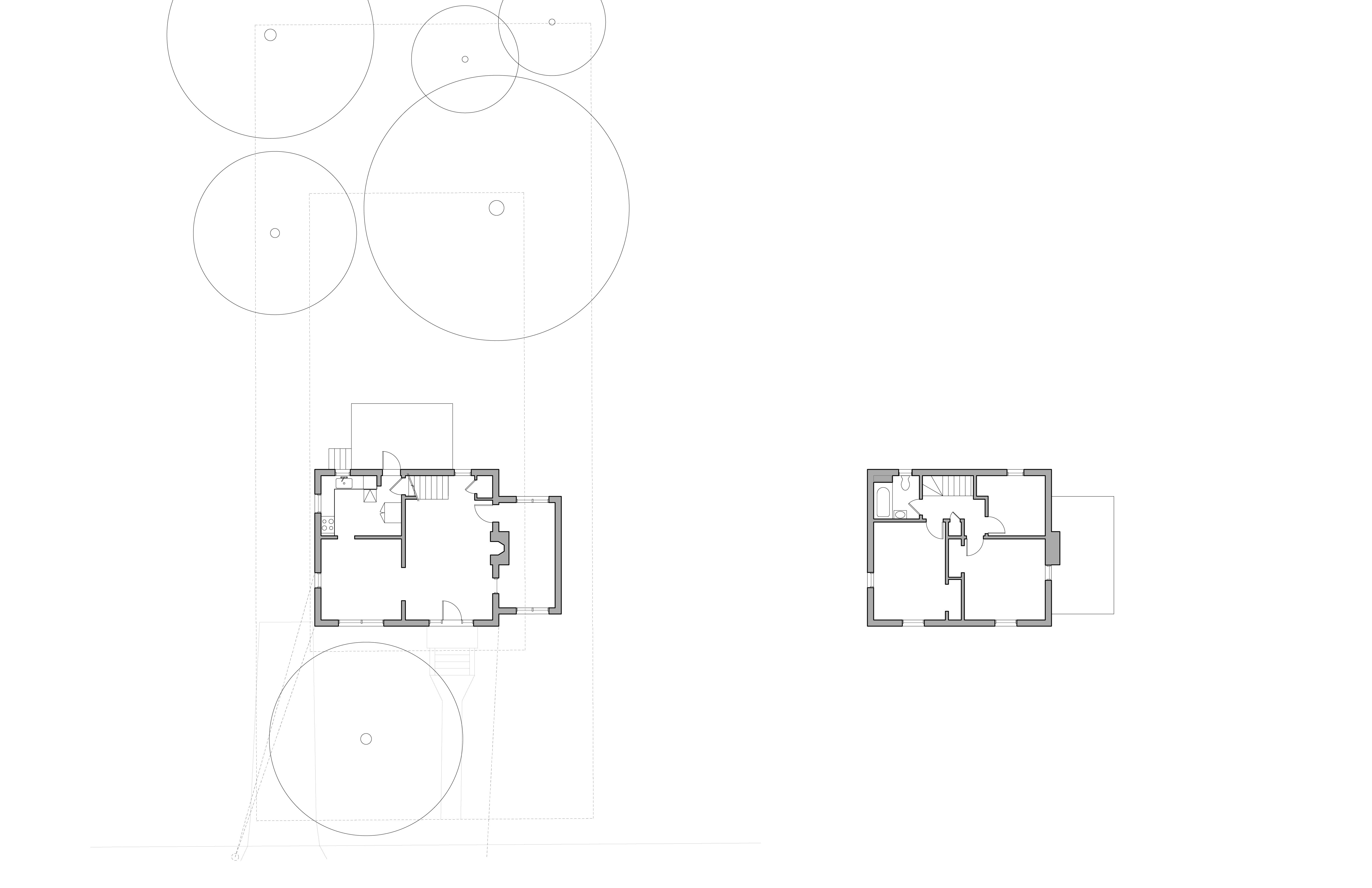 The original 1930s colonial as found: first floor at left in plan with the surrounding lot and tree canopies shown, second floor at right, both drawn at the same scale; the side porch is visible as a small wing on the right side of the first floor