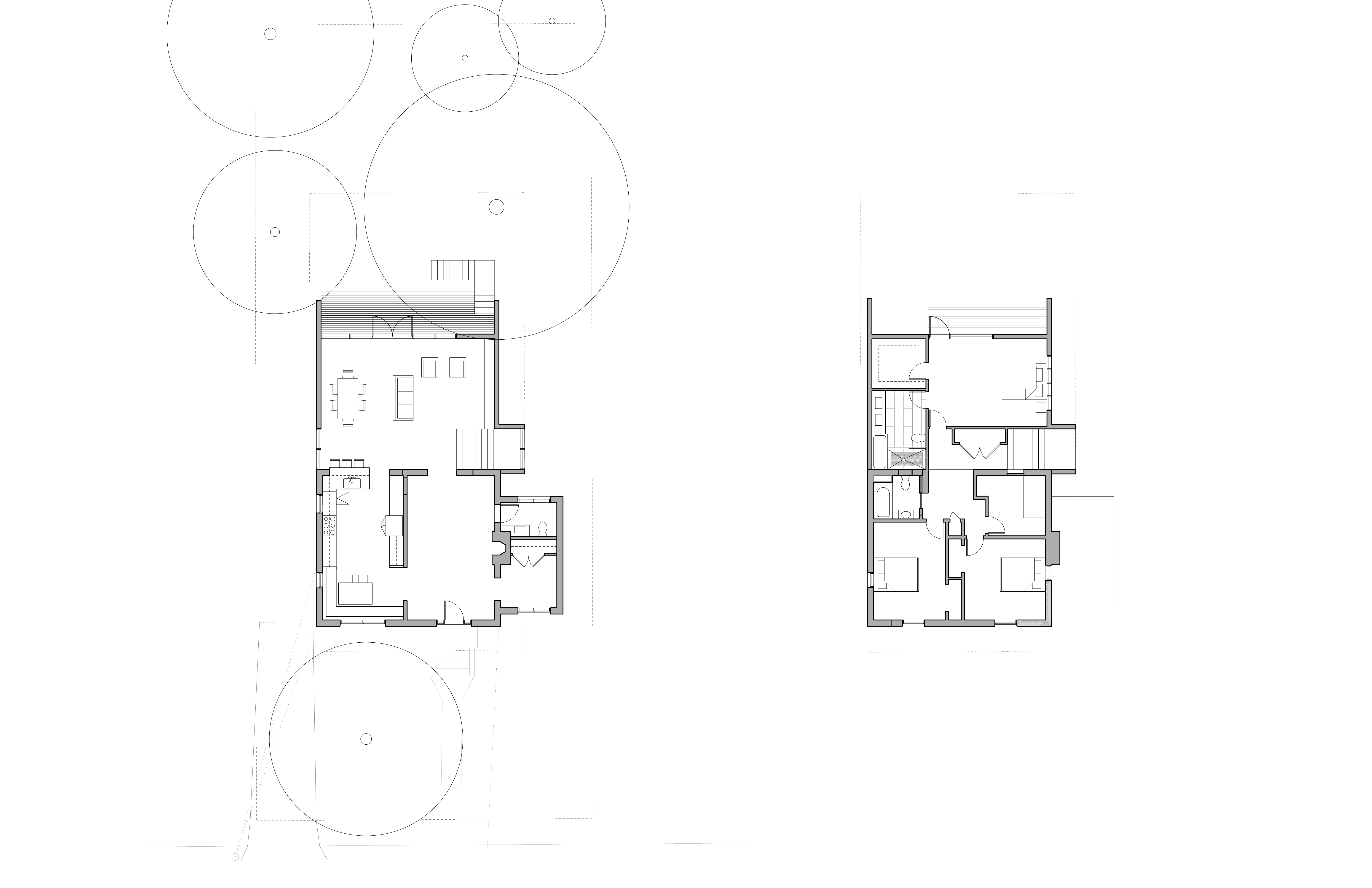 The renovated house at the same scale and anchor: first floor at left showing the new addition extending into the rear yard with the deck beyond, the kitchen expanded into the former dining room, and the rebuilt side porch as a mudroom; second floor at right with the new master suite in the addition; existing footprint shown as dashed lines for comparison