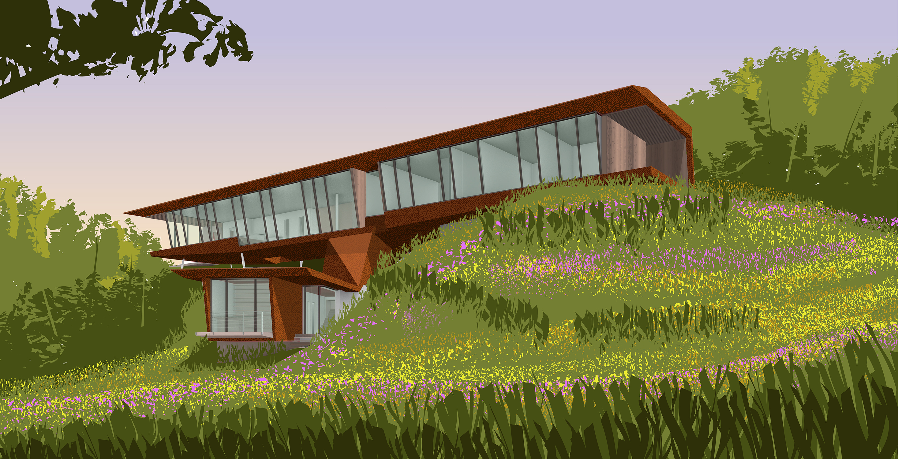 The house seen from the wildflower meadow below: a long horizontal upper level clad in weathering steel cantilevers out over the slope, supported on a faceted Cor-ten armature that emerges from the hillside, with a smaller glass-walled volume tucked underneath the cantilever; the foreground is a painterly field of grass and magenta and yellow wildflowers, layered green tree canopies framing the view