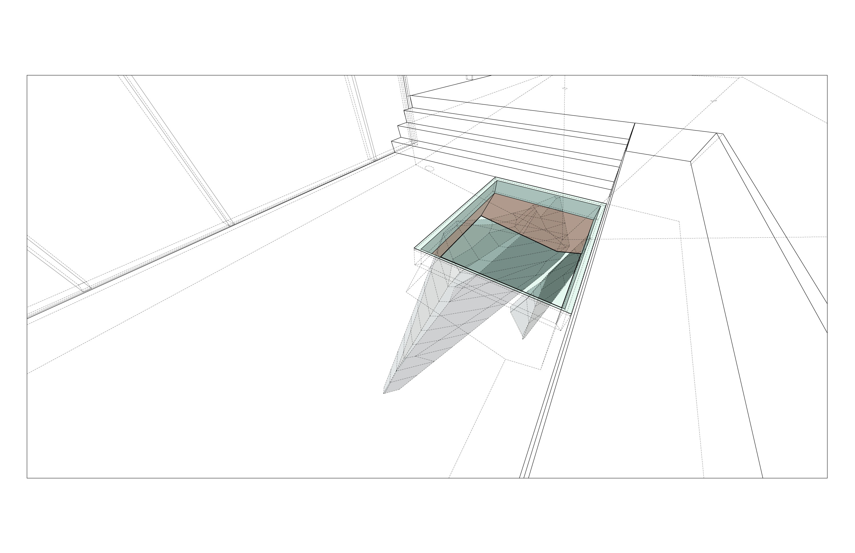Isometric of the glass floor aperture in the main living room looking down at a single boulder kept in place under the cantilevered house: the glass plane sits flush in the floor with a rectangular metal frame, a triangulated rock surface in tan and orange tones visible beneath, the boulder's mass continuing as a faceted ghosted form below the floor level