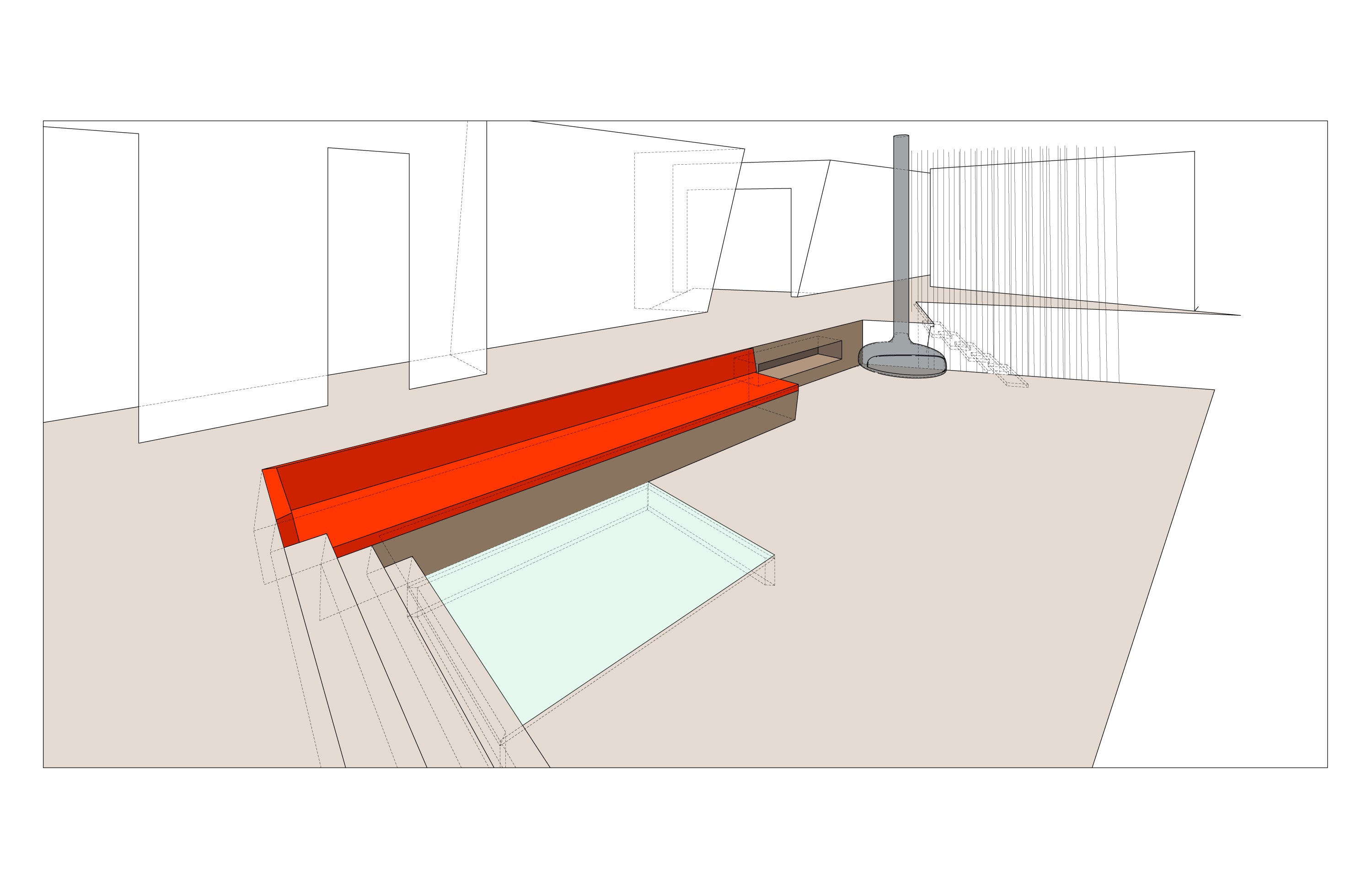Isometric of the main living room: a long horizontal red built-in banquette set into a window-wall niche, the central wood-burning stove with cylindrical chimney rising at right against a hanging vertical screen of rods, the glass floor aperture in the foreground, and the silhouettes of distant mountains drawn as cut-out shapes on the far wall