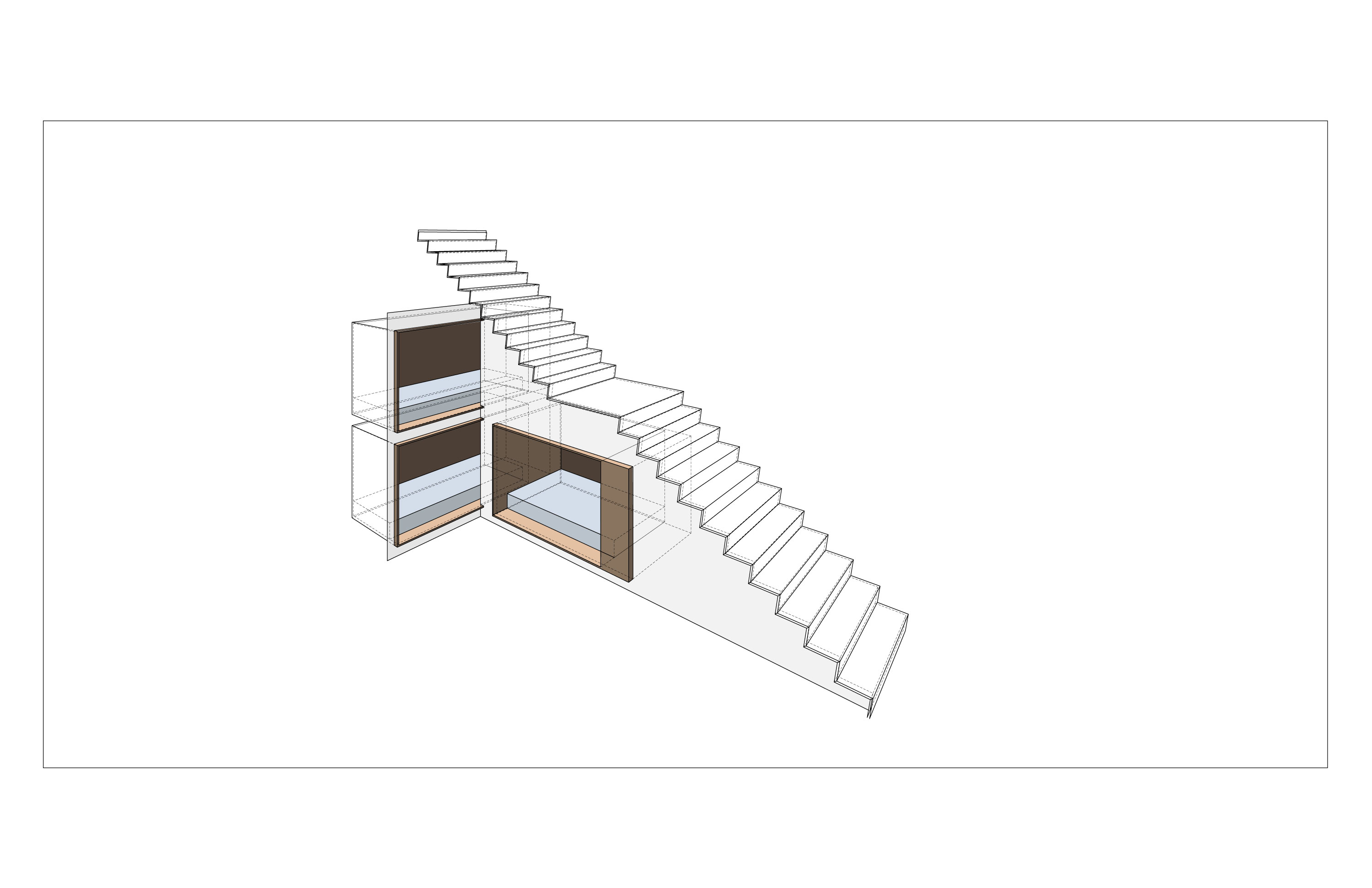 Isometric of two stacked sleeping nooks built into the wall along the stair: each nook a small horizontal cell with a thin window and a peach-colored bedding panel, framed by the open-tread stair descending past them; a third nook is set at right angle below the lower run of the stair