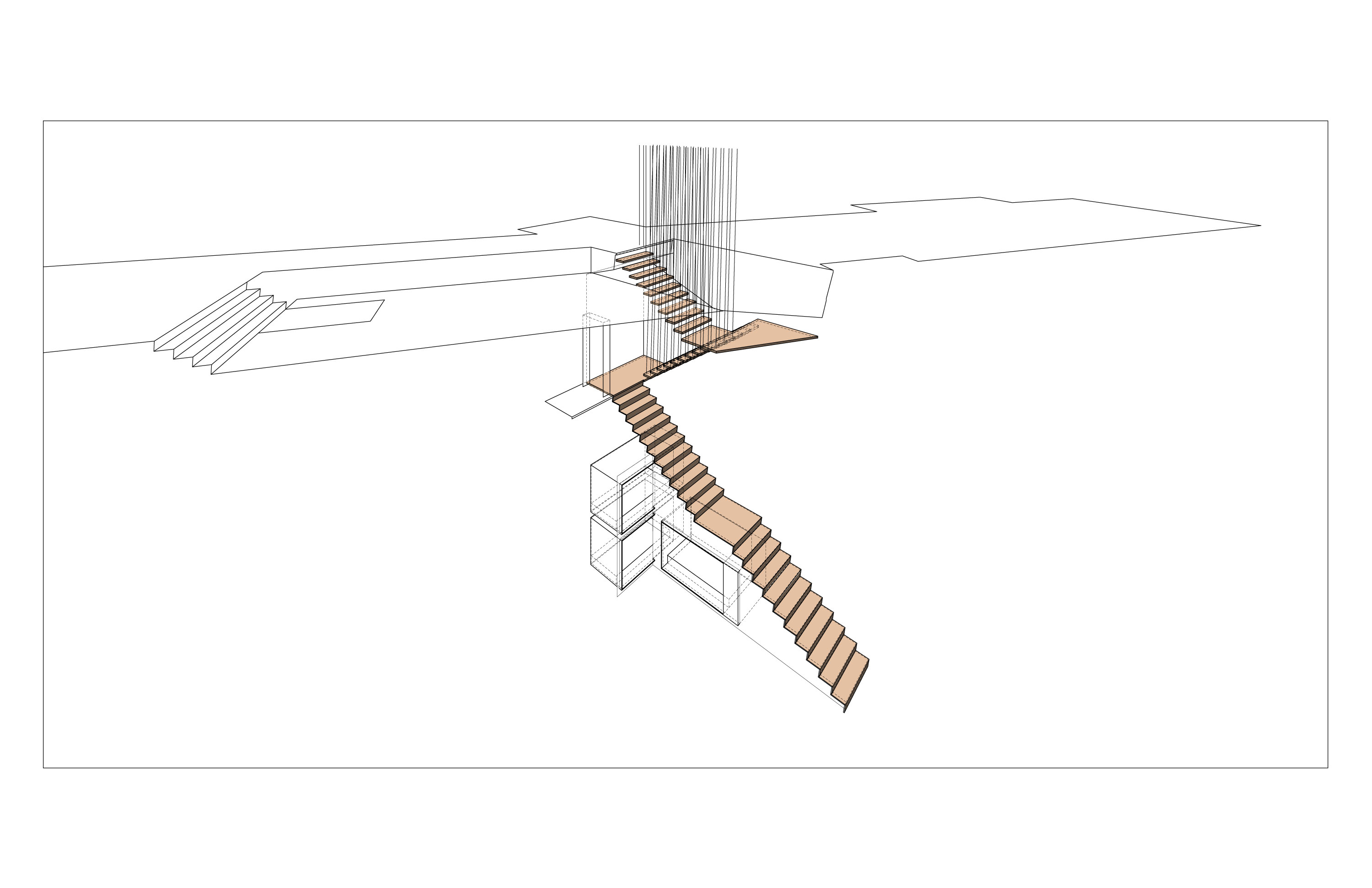 Isometric of the full stair as one continuous architectural object: descending from the upper level at top through a tall light shaft of vertical rods, turning at a wood landing, continuing down past three built-in storage and sleeping nook volumes in the middle, and landing at the lower guest level; a separate short entry stair at upper left descends from the driveway