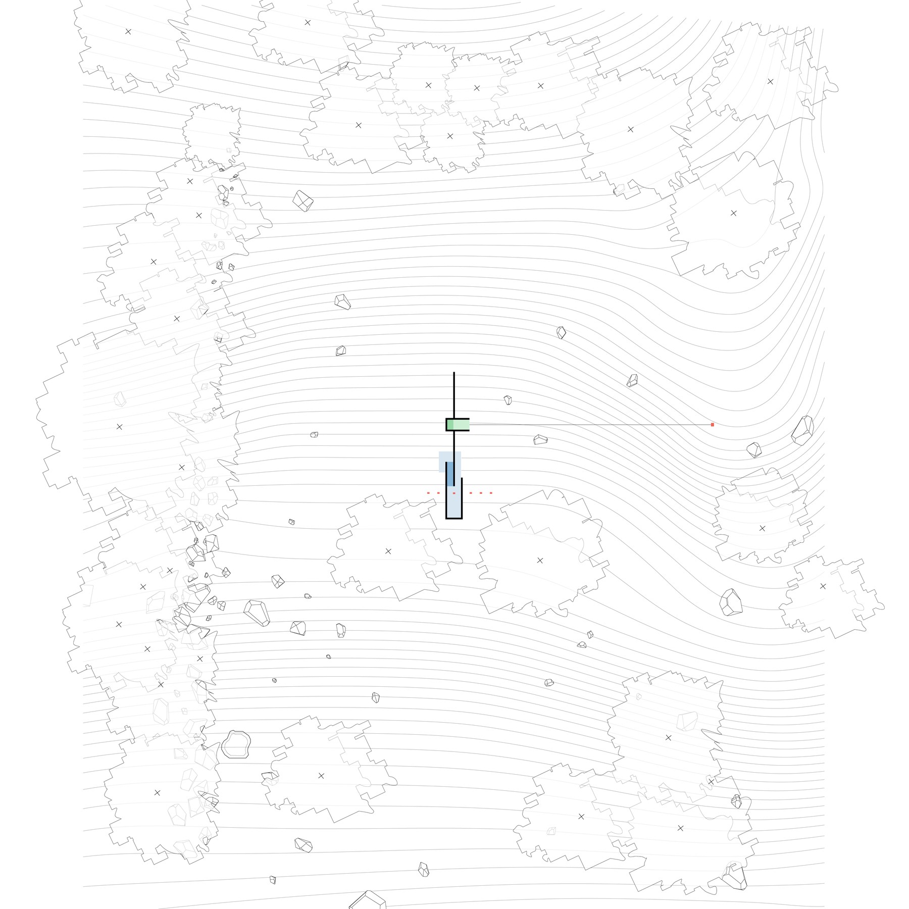 Site plan showing the play structure as a small mark in a clearing of the woods, surrounded by topographic contours and tree canopies
