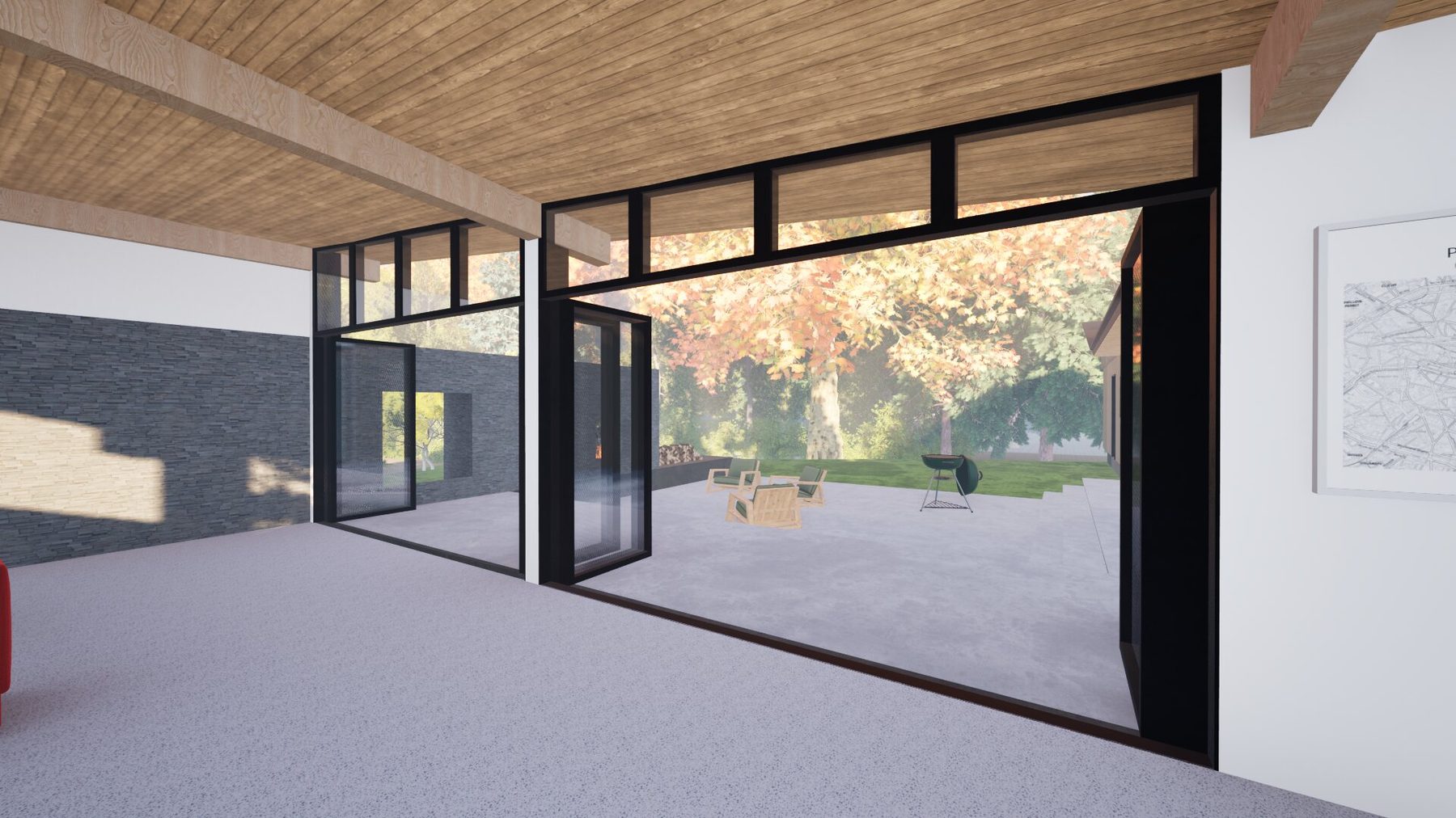 View from the new wing's living space looking out through full-height glazing to the terrace and the large sycamore beyond, the wood ceiling continuing out under the roof overhang