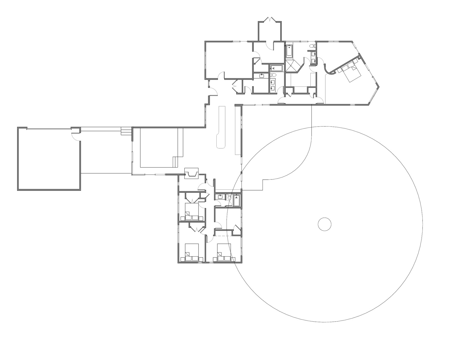Floor plan of the existing house, showing the 1980s addition crowding the central kitchen and the sycamore tree to the rear of the lot
