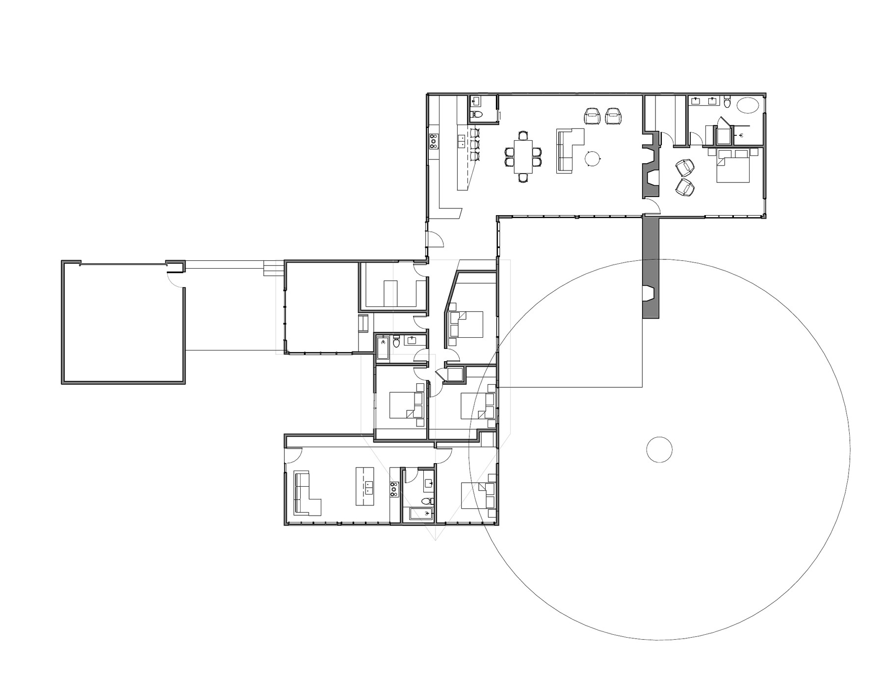 Floor plan of the renovated house, with the new open wing oriented to the sycamore and terrace, and a separate ADU pavilion at lower left