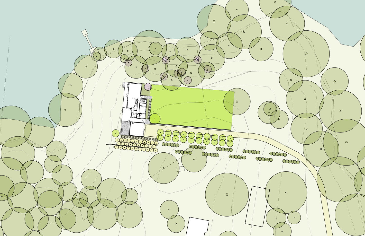 Site plan showing the house lifted on a small hill above the lake, with the surrounding pines mapped as tree canopies, a meadow lawn east of the house, a row of orchard trees lining the drive, and the dock at the water's edge