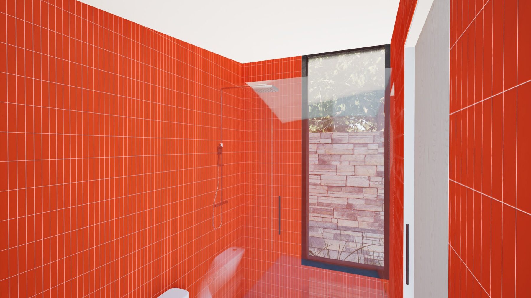 Bathroom tiled in deep orange floor-to-ceiling, with a tall glazed slot looking out to a stone wall and grasses in a side courtyard