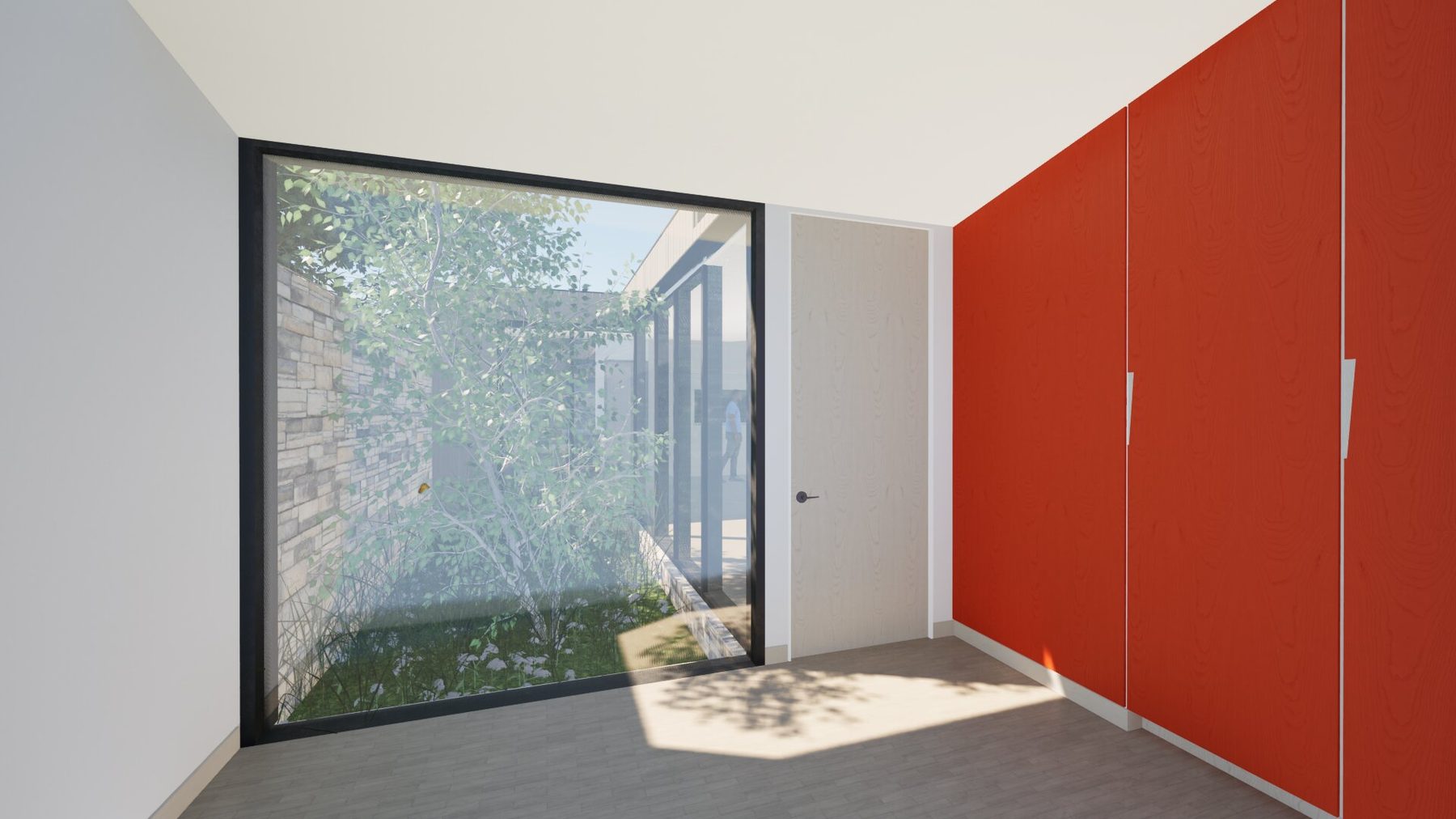 Bedroom interior with a full-height picture window framing a view into the main courtyard, with a birch tree growing in the courtyard and the opposite wing of the house visible across the planted garden