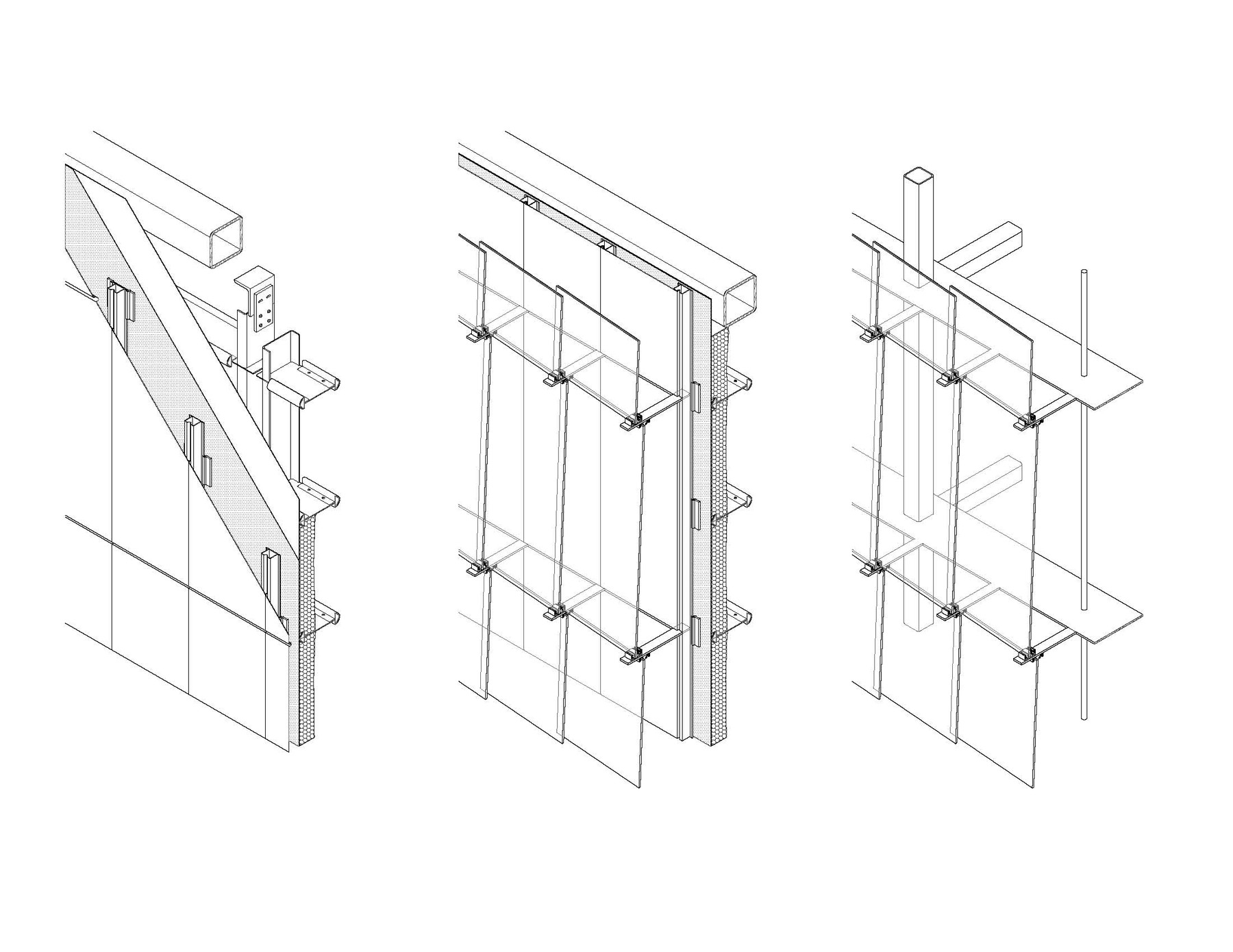 Three axonometric drawings showing the glass-shingle skin assembly, the ribbon-and-quill structure, and the steel framing behind it