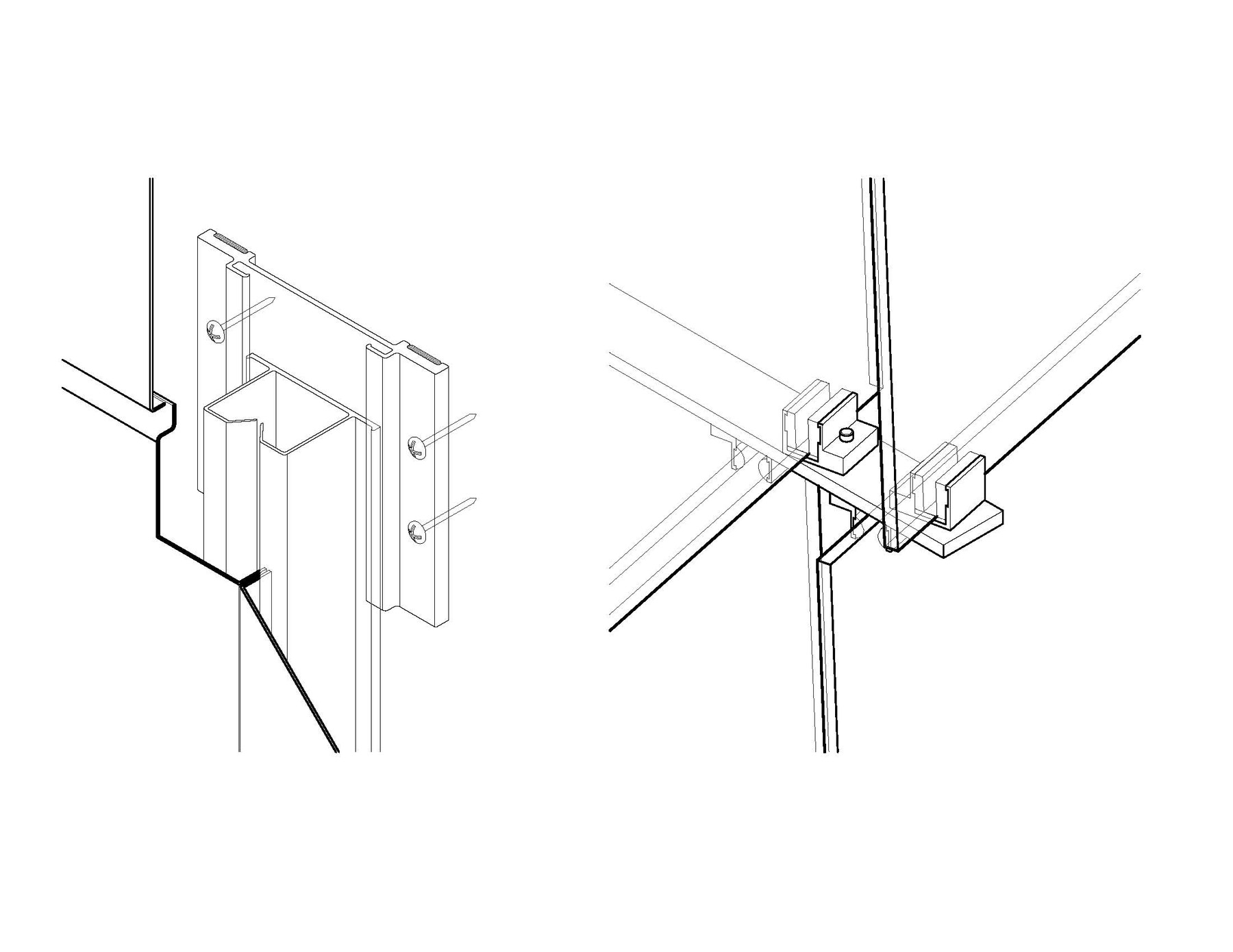 Two axonometric details showing the aluminum clip and rail system that holds the glass shingles in place
