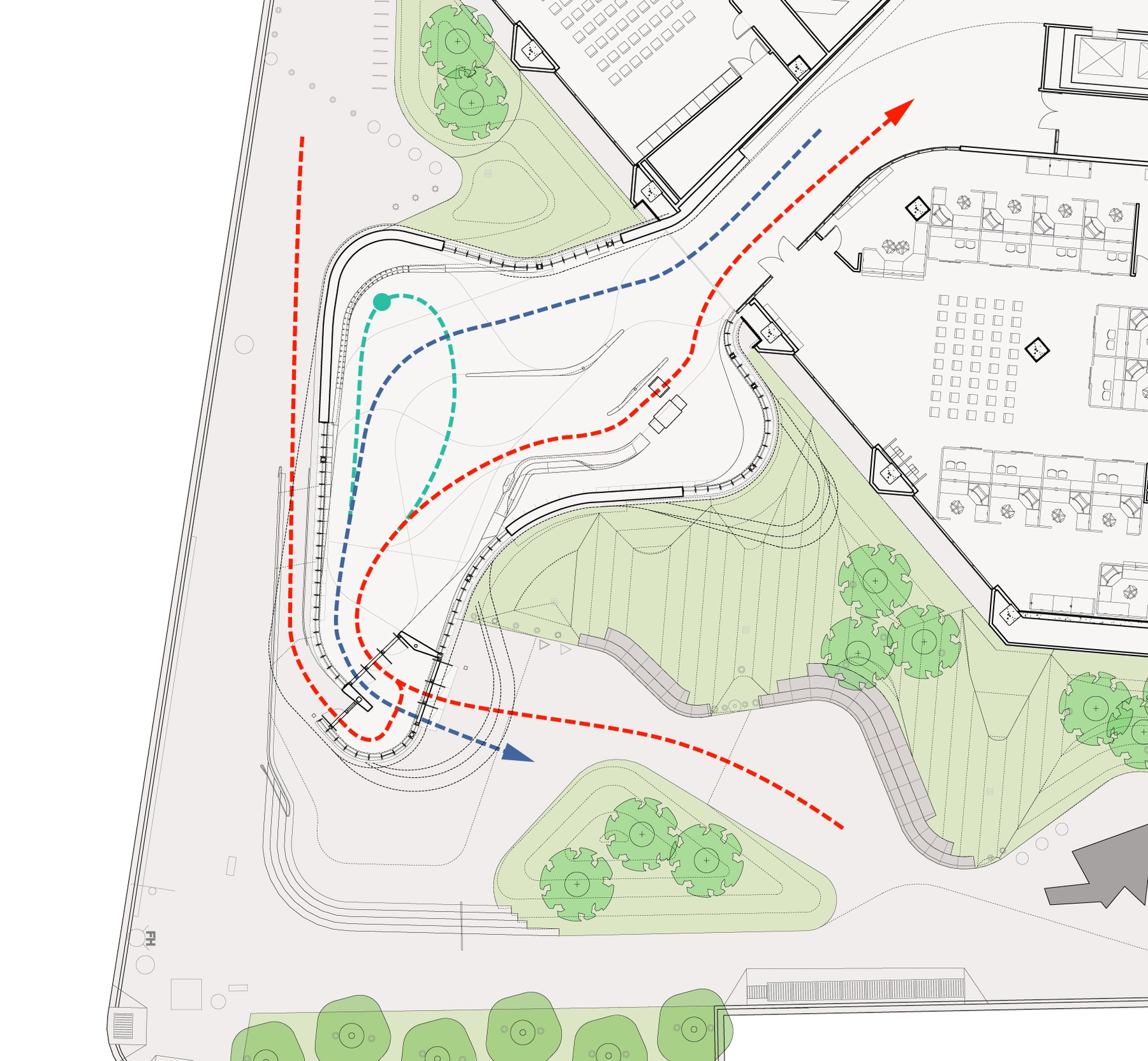 Plan of the pavilion showing the sinuous footprint between the entry plaza and the federal tower behind, with public circulation traced as a dashed line through the building