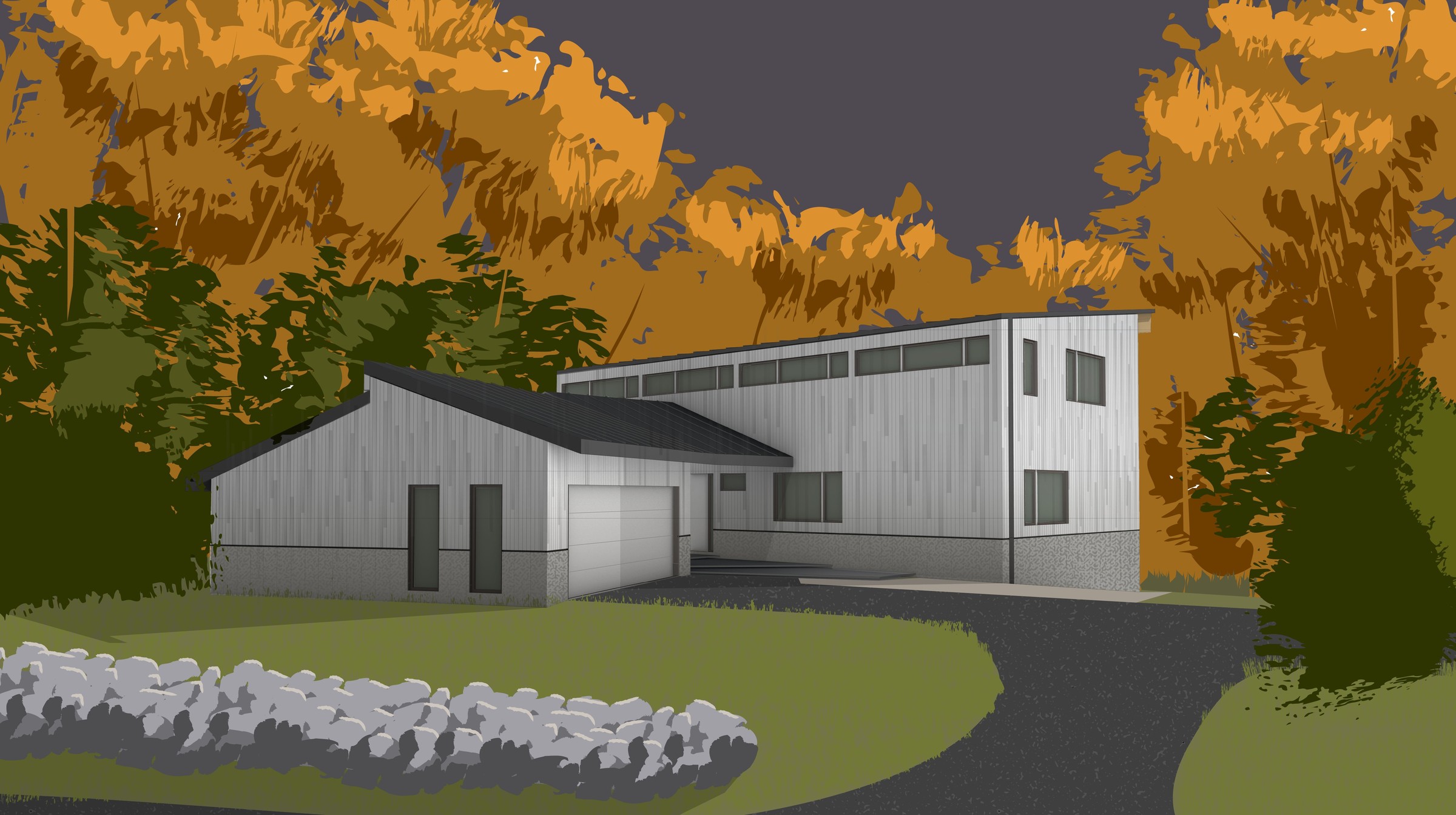 The house from the front yard: the existing gable-roofed mid-century house in vertical wood cladding sits in the foreground at left, with the new second-story addition rising behind it as a long horizontal volume clad in vertical thermally-treated wood, a continuous band of clerestory windows running along its upper edge; foreground stone wall and curving driveway, layered autumn foliage in oranges and yellows surrounding the house, dusky purple-grey sky above