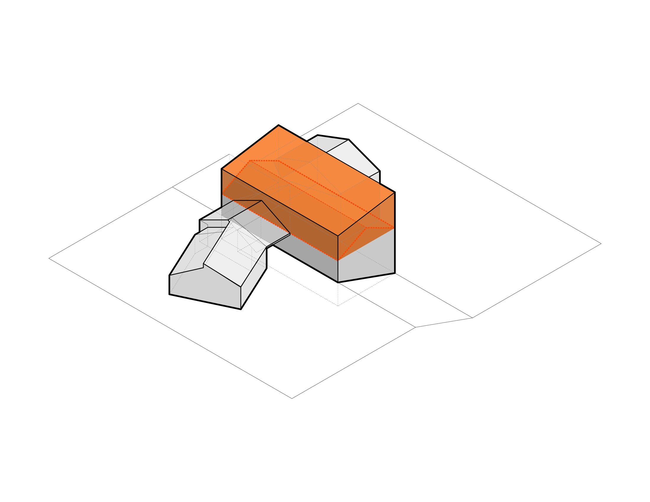 Site isometric drawing: the existing one-story house drawn in white as a small gabled mass with its garage wing at lower left, the new upper-level addition shown in solid orange as a long horizontal rectangular volume sitting over and behind the existing house, the property lines and lot edges drawn as thin grey lines around the building