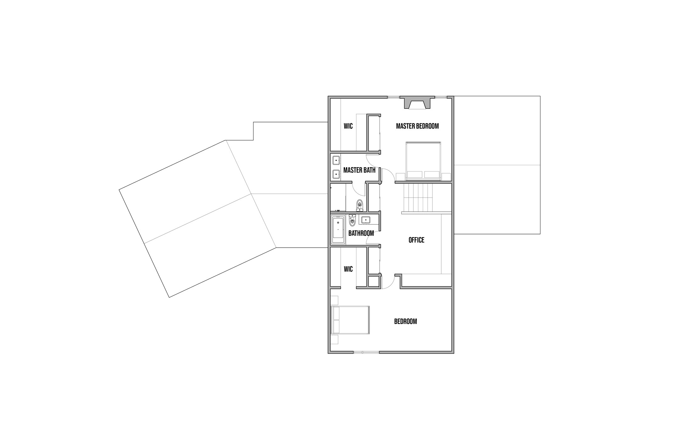 Upper level plan of the addition: a rectangular floor plate organized around a central core. Master Bedroom and walk-in closet at top, Master Bath and shared Bathroom in the middle, Office to the side of the central stair, second walk-in closet and Bedroom at the bottom. The existing house roof is shown to the left in outline only, set at a slight angle to the rectangular addition