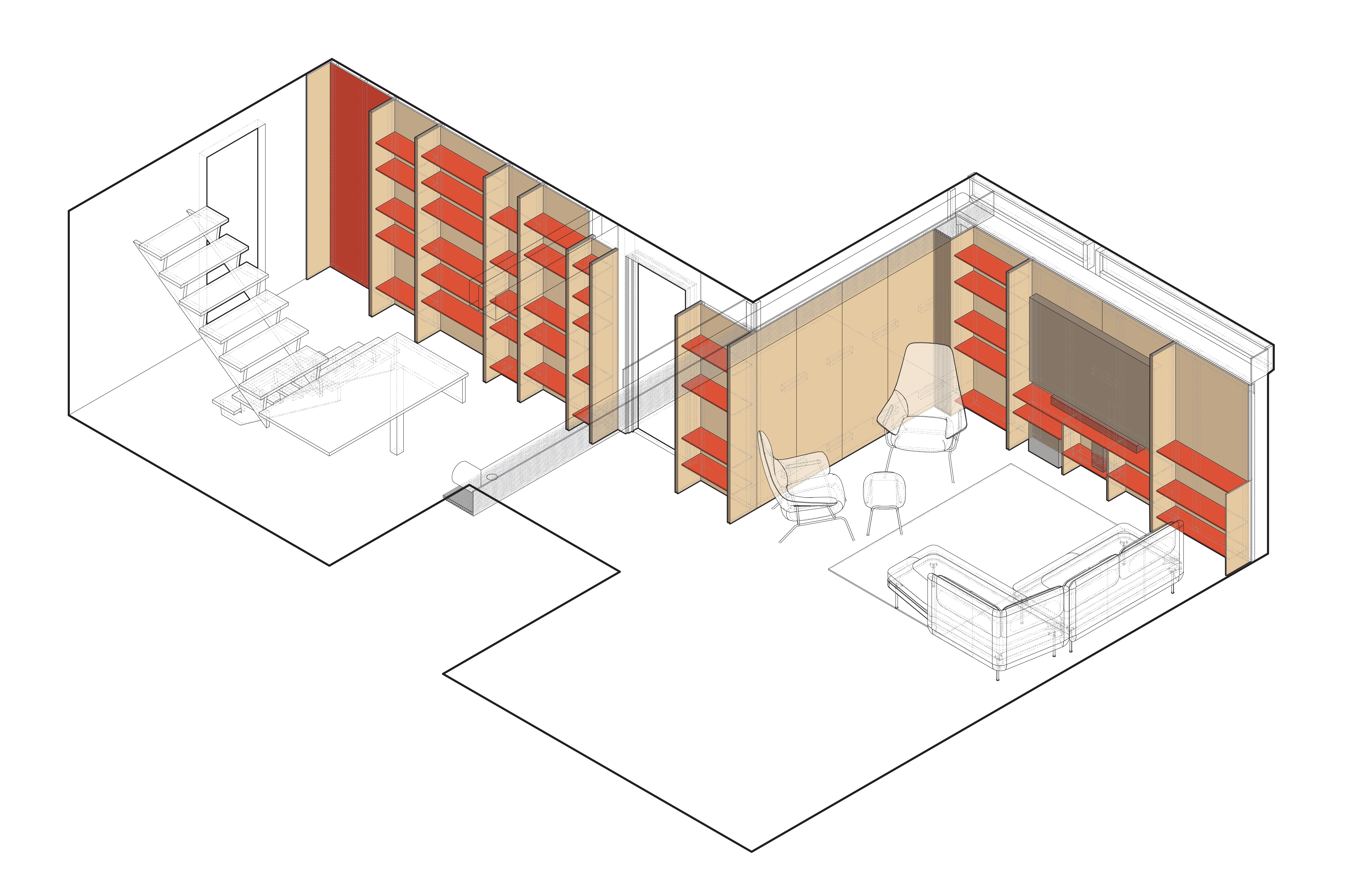 Isometric drawing of the basement family room and corridor: the stair coming down at far left, a long built-in library wall of tall bookshelves with orange-painted backs running across the middle, and the lounge furniture and TV credenza in their own bay to the right, all within the existing room outline