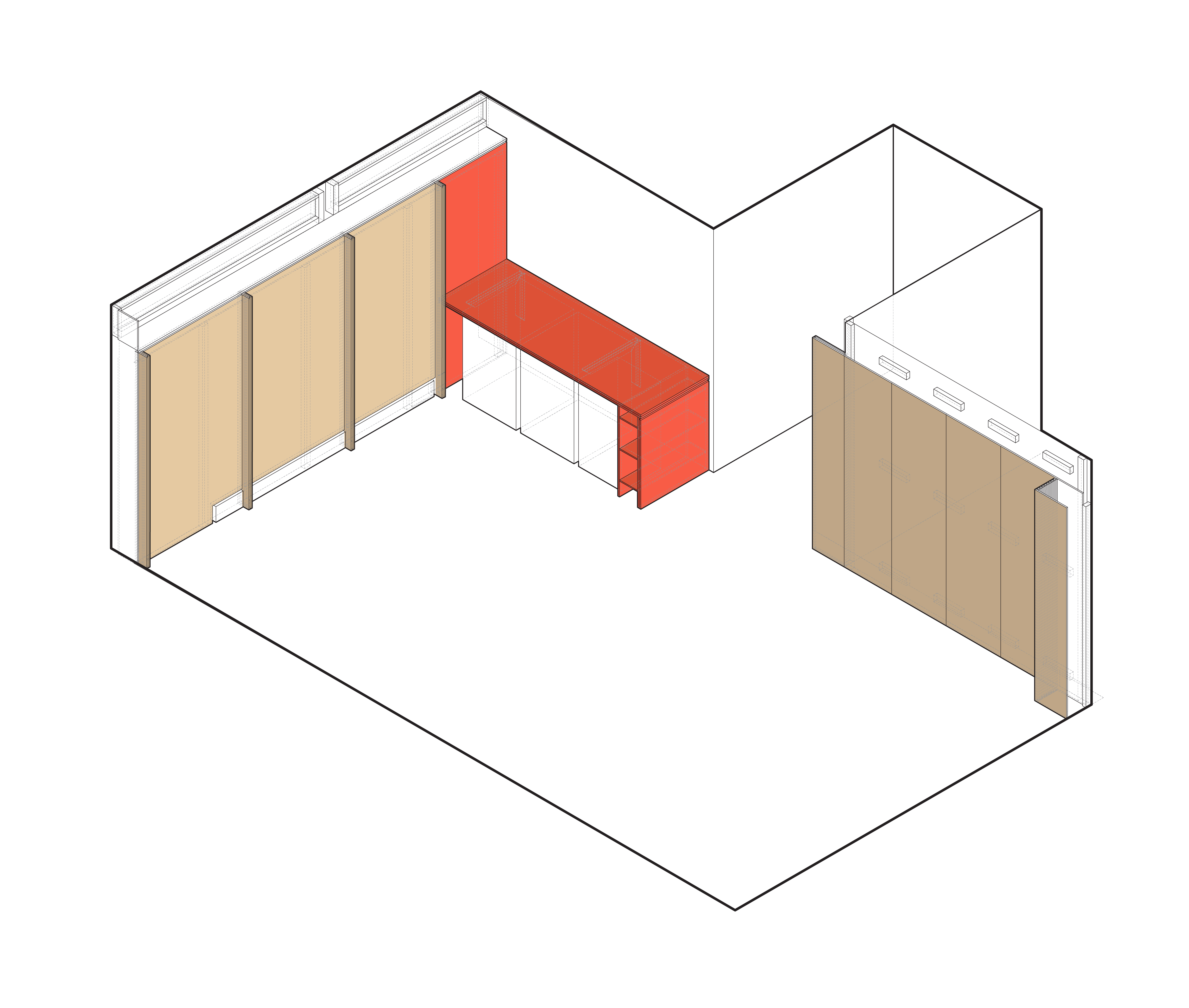 Isometric drawing of the basement laundry: a long built-in storage wall in tan with white-faced cabinets below, an orange work surface running across the top, and a second taller storage piece on the opposite wall