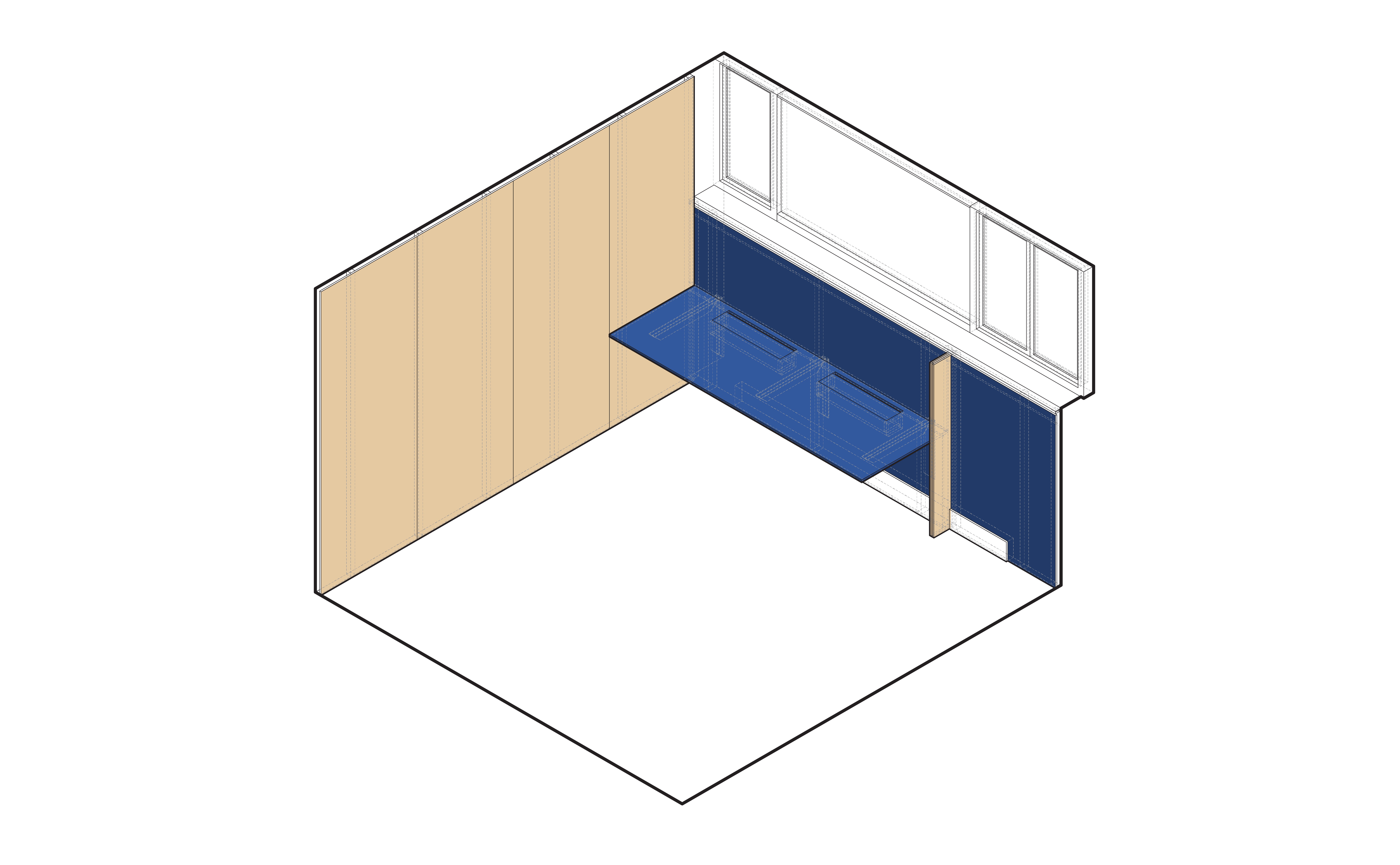 Isometric drawing of the same office: the birch panel wall in tan, the dark blue built-in desk and back panel under the clerestory windows, and the existing room boundary drawn in light line, no furniture shown