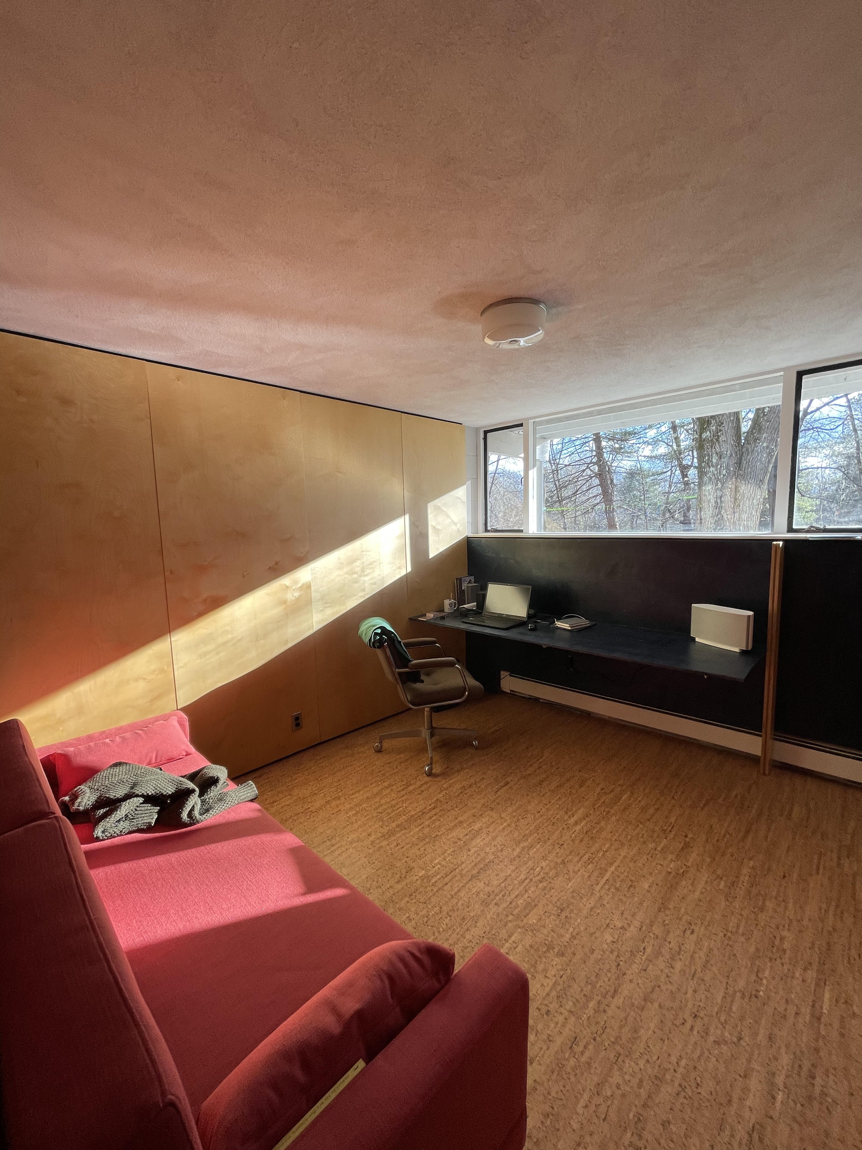 The basement office in use: a birch plywood panel wall at left, a long built-in desk in dark blue running under a horizontal clerestory window, a red sofa for a sleeper bed, cork flooring, and a single office chair