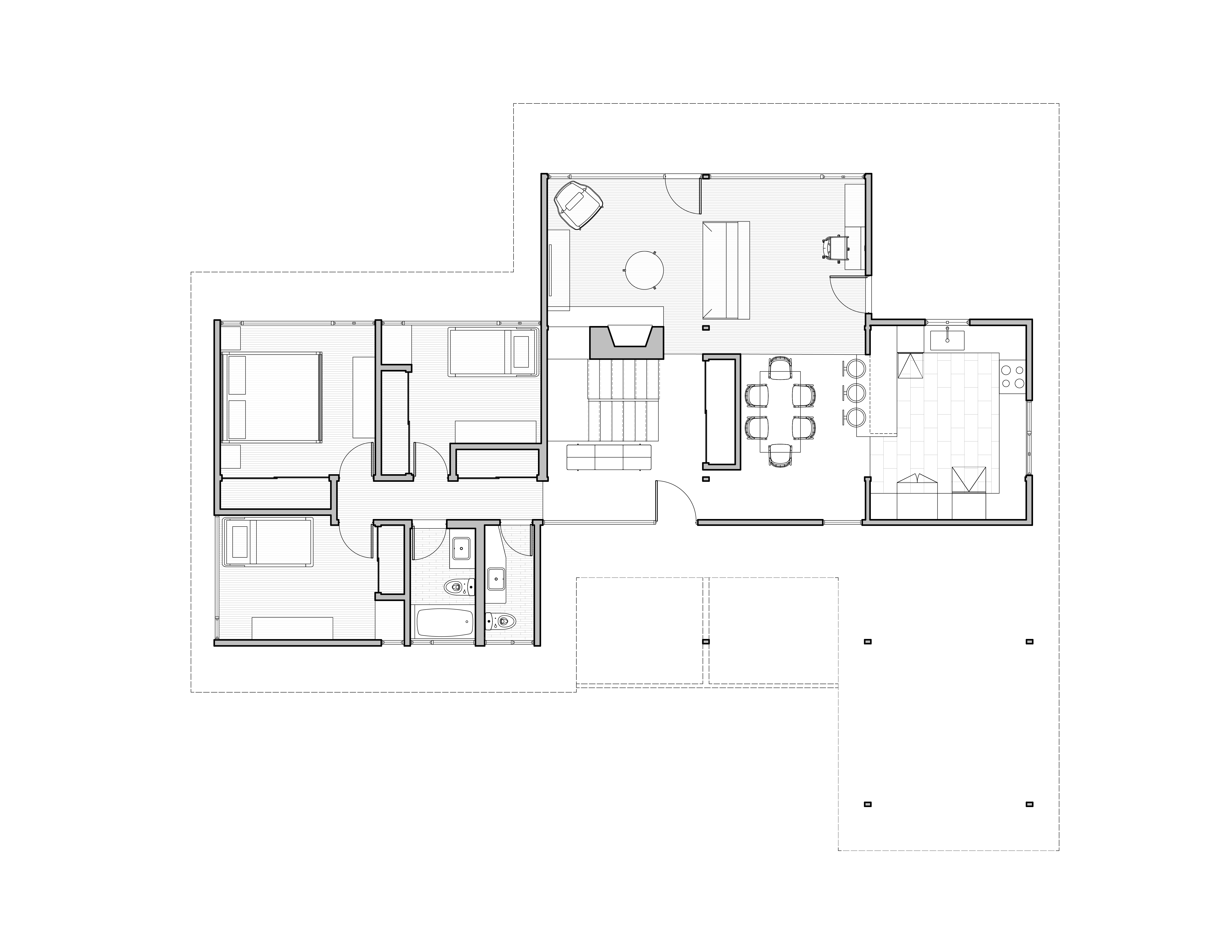 First floor plan: bedrooms and bath to the left of the central stair, and the open kitchen-dining-living wing to the right, with a U-shaped kitchen island, a dining table for six, and a seating area around the central brick chimney