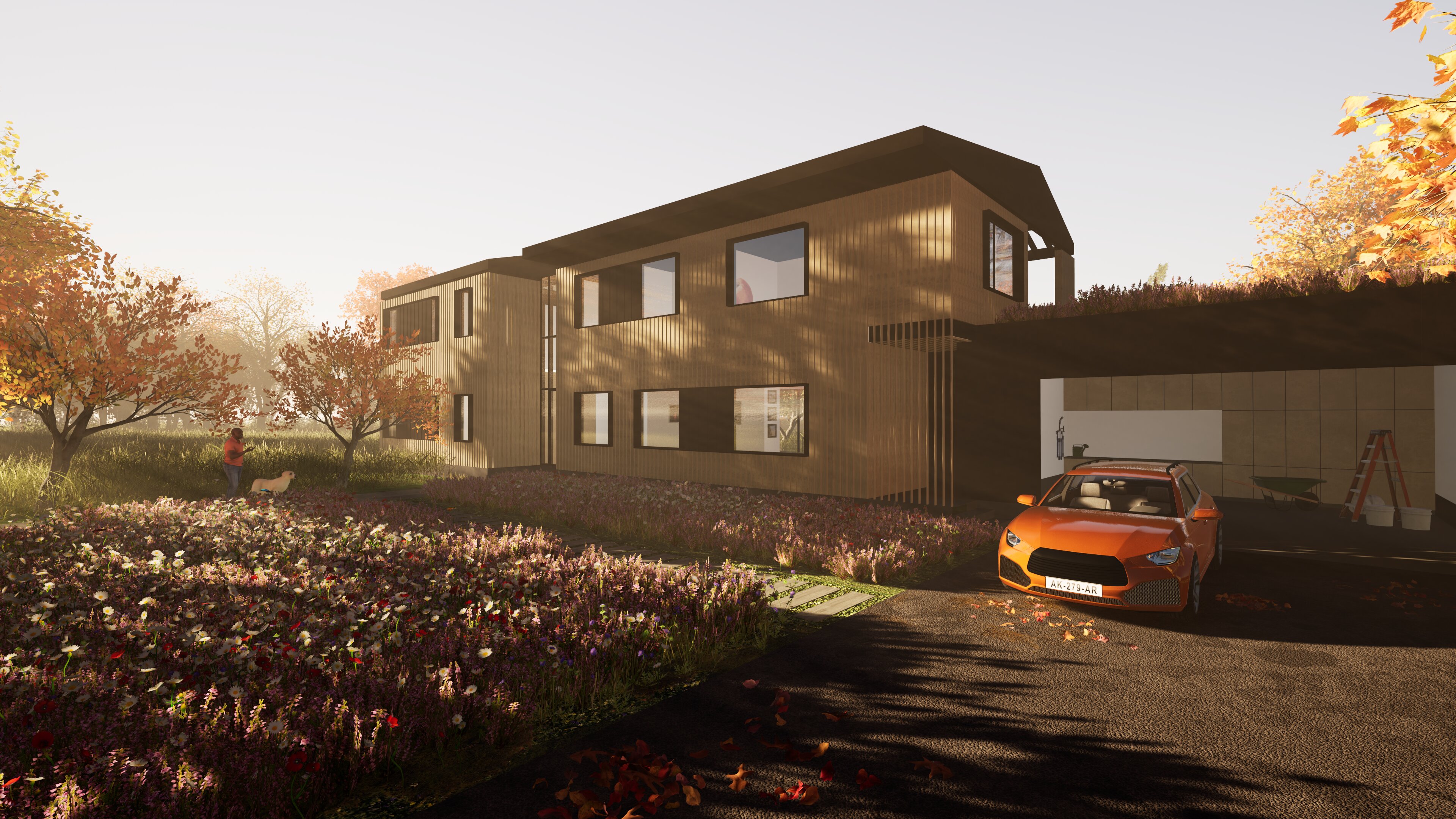 Front approach to the house in late afternoon light: a wildflower meadow at left with a figure walking a dog, the long two-story volume of the renovated ranch clad in board-and-batten wood, a green-roofed garage at right with an orange car parked at the entry, and the twisted gable roof visible above