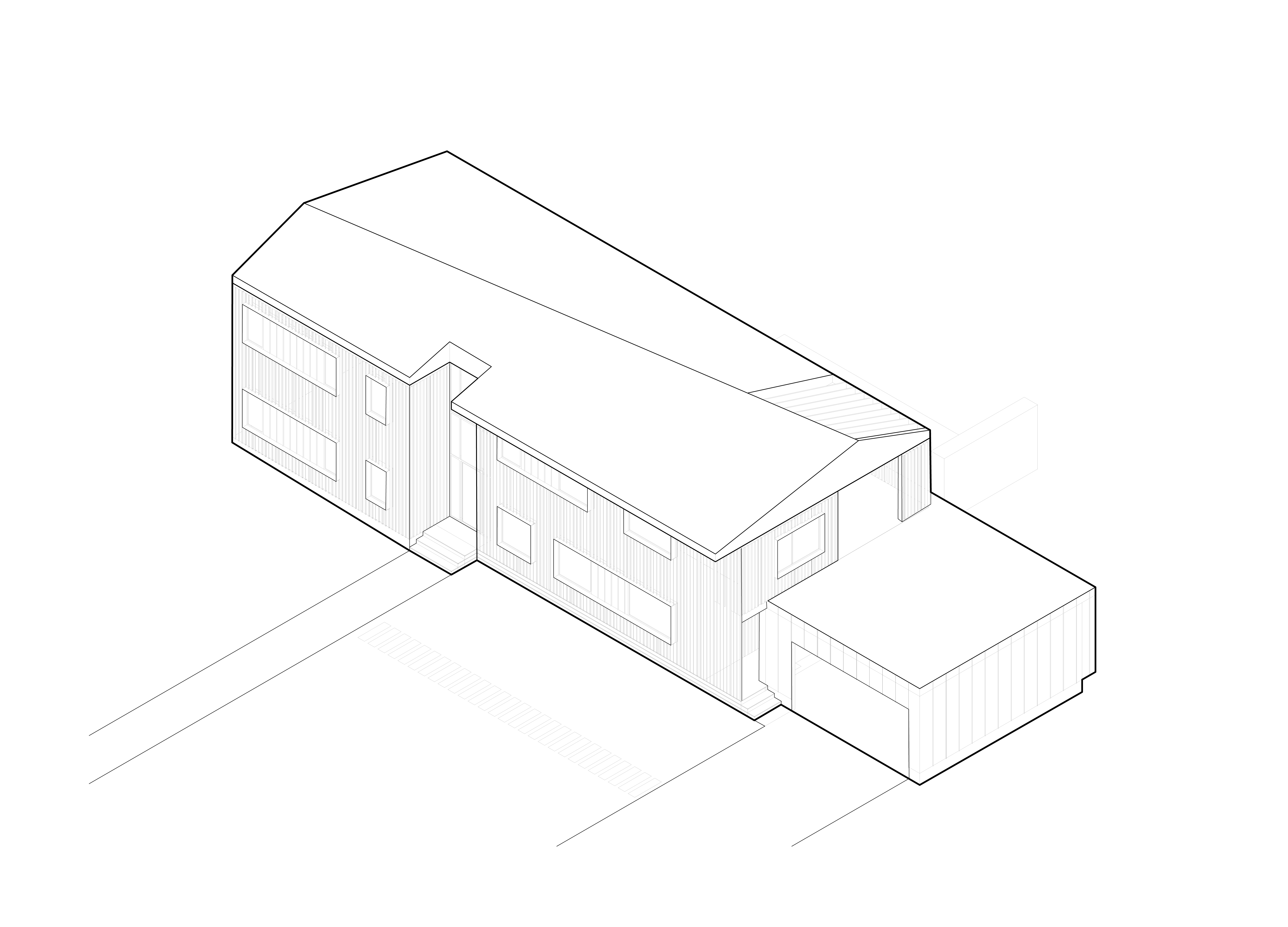Isometric of the front of the house: the long horizontal volume of the original ranch footprint extruded upward into a two-story mass, board-and-batten cladding shown in light texture, and the garage volume at the right end