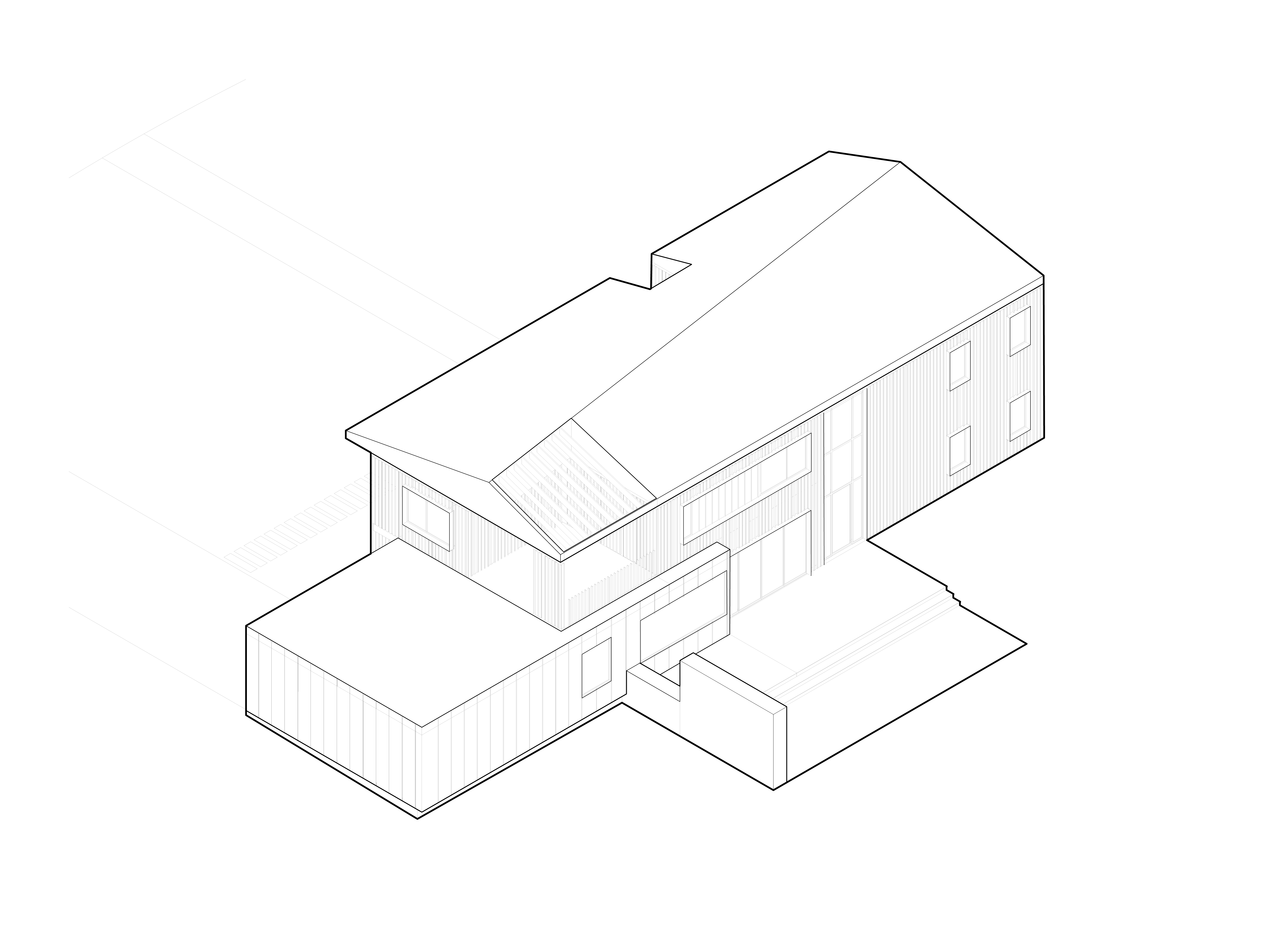 Isometric of the rear at the same projection, showing the twist in the gable roof and the upper exterior terrace carved out of the otherwise extruded volume above the primary suite, with the broad ground-floor terrace stepping out from the living wing