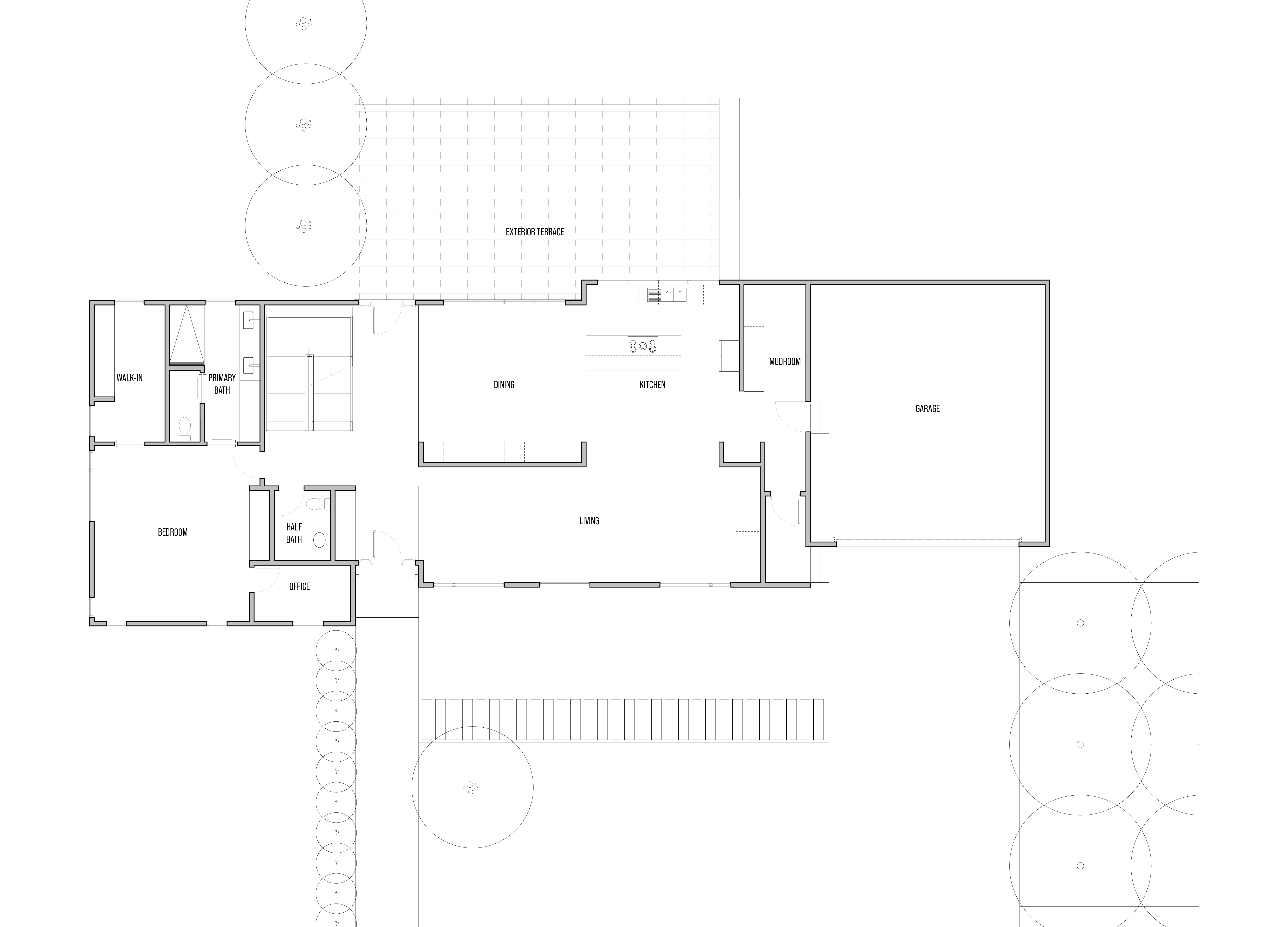 First floor plan: the long horizontal footprint of the existing ranch kept and reorganized, with the primary suite, half bath, office, and bedroom at the west end, an open kitchen, dining, and living running along the south side with a long exterior terrace beyond, a mudroom connecting to the garage at the east, and the wildflower meadow and orchard rows shown in the surrounding site