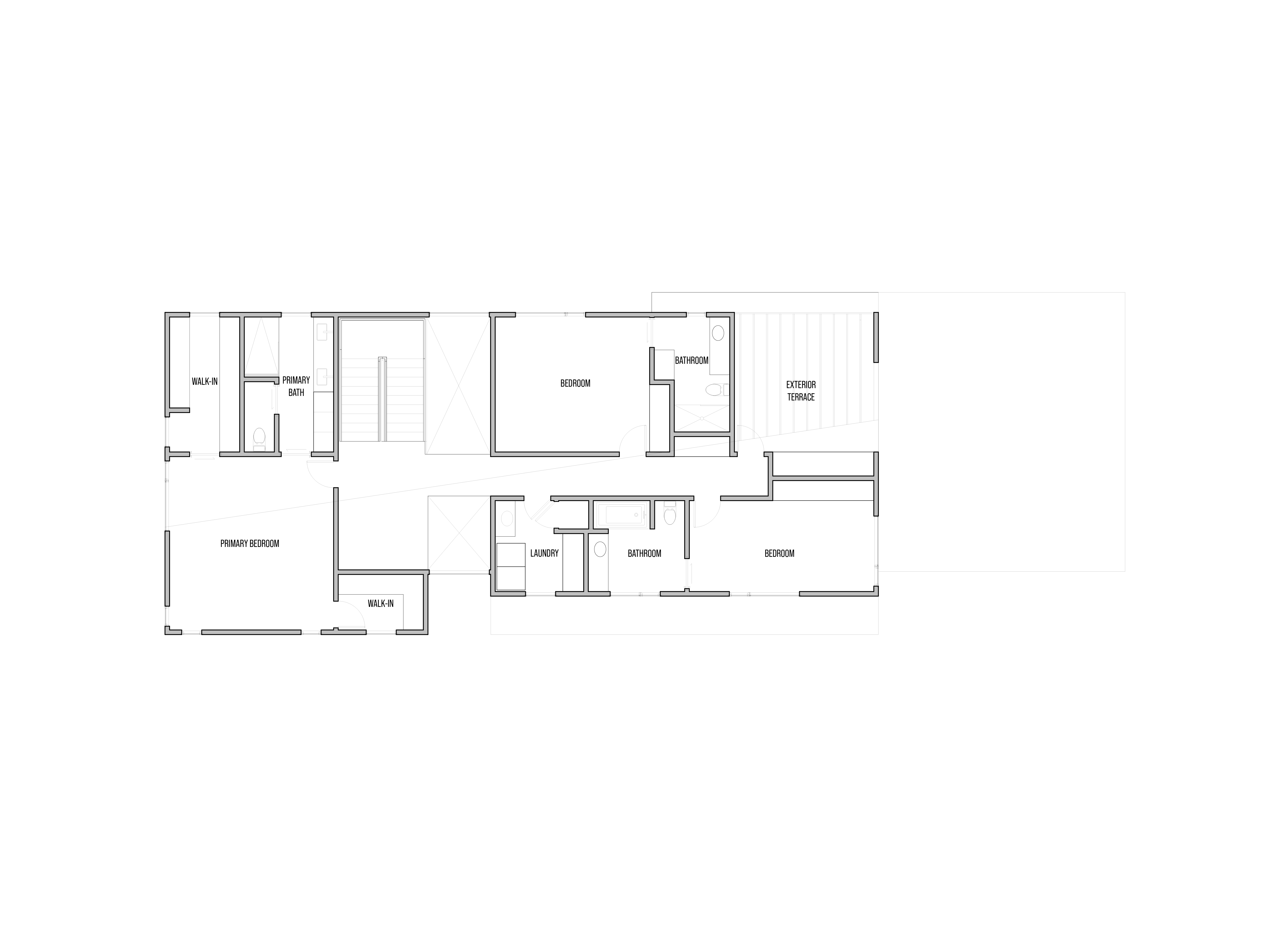 Second floor plan: a new second story added above the existing footprint, with the primary bedroom and walk-in at the west, a shared bath and laundry in the middle, two additional bedrooms, and the upper exterior terrace carved out of the eastern end of the mass