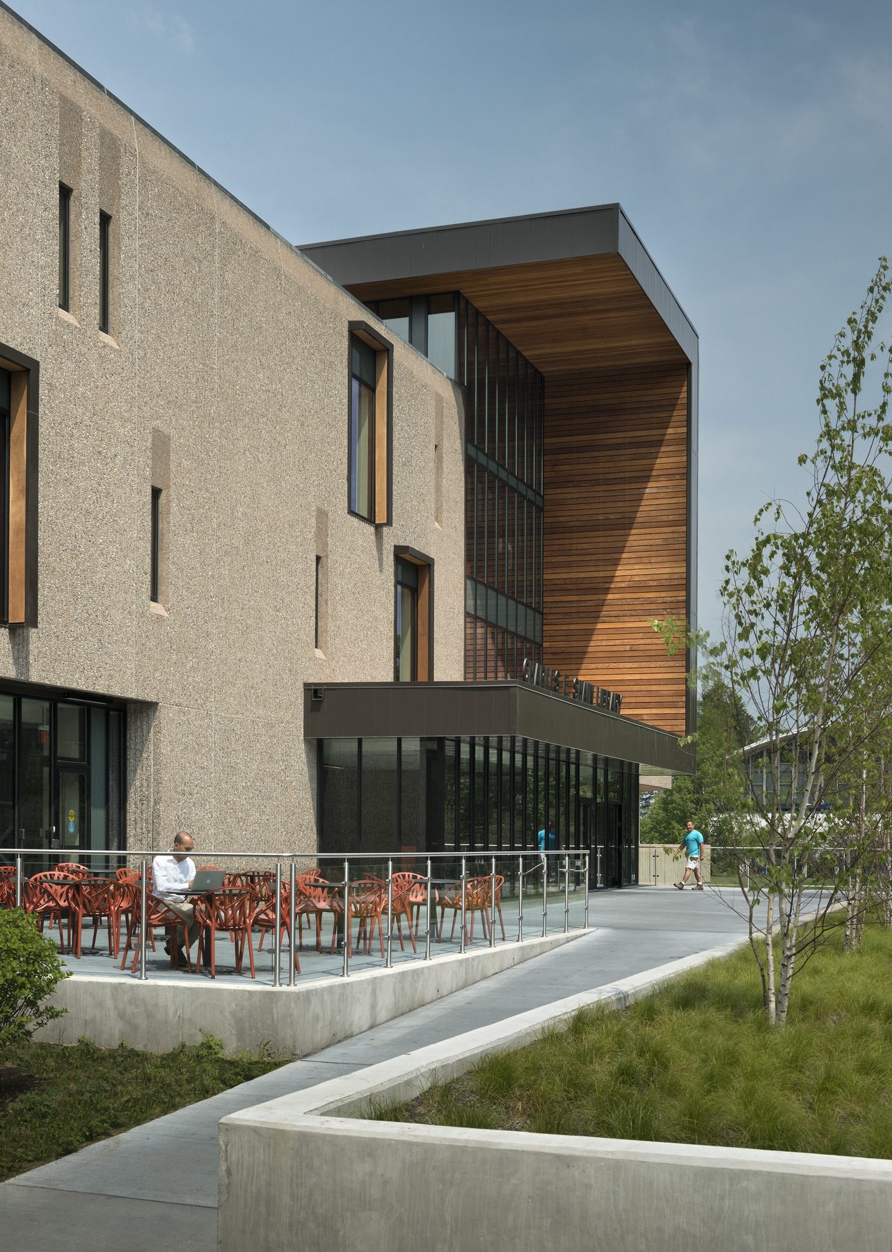 The wood-lined volume punching through the precast wall, seen from outside, with the cafe terrace and ramp at its base and a single person reading at a laptop