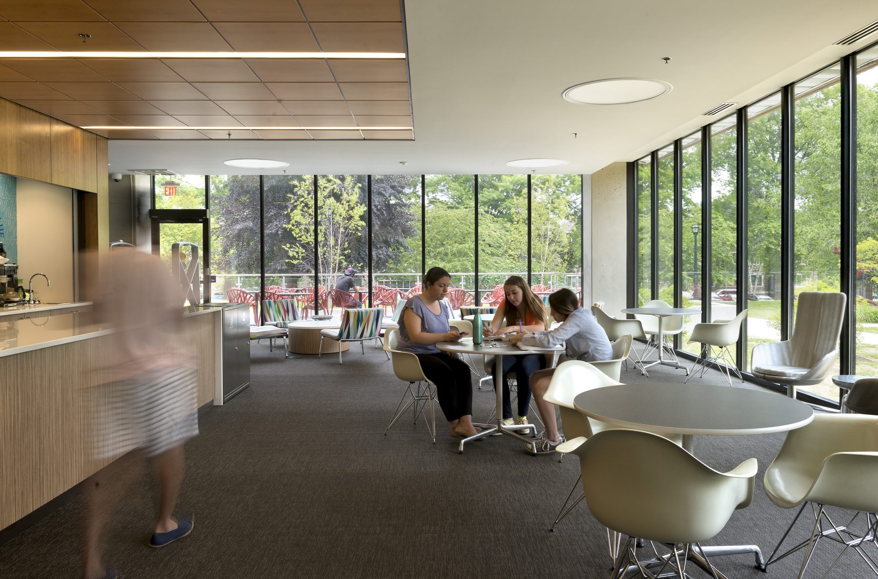 The Camel Cafe interior with students working at tables, the espresso bar at left, and full-height windows opening to the terrace and trees beyond