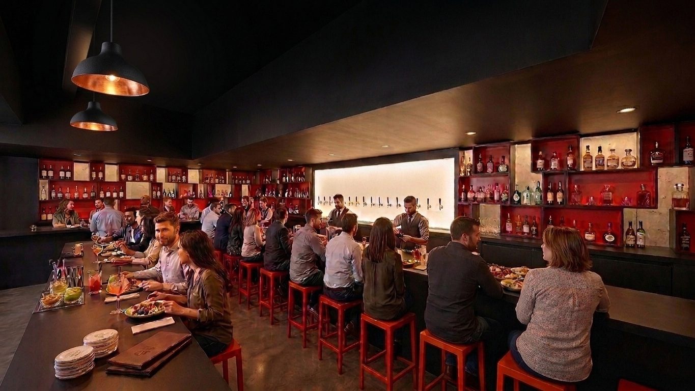 The bar zone under its lower ceiling: a long L-shaped bar counter in dark stone with a row of orange stools along the front, two pendants hanging above, and a continuous wall of orange and white blocks arranged in a Mondrian-like grid behind the bar with a row of beer taps centered on a back-lit white panel