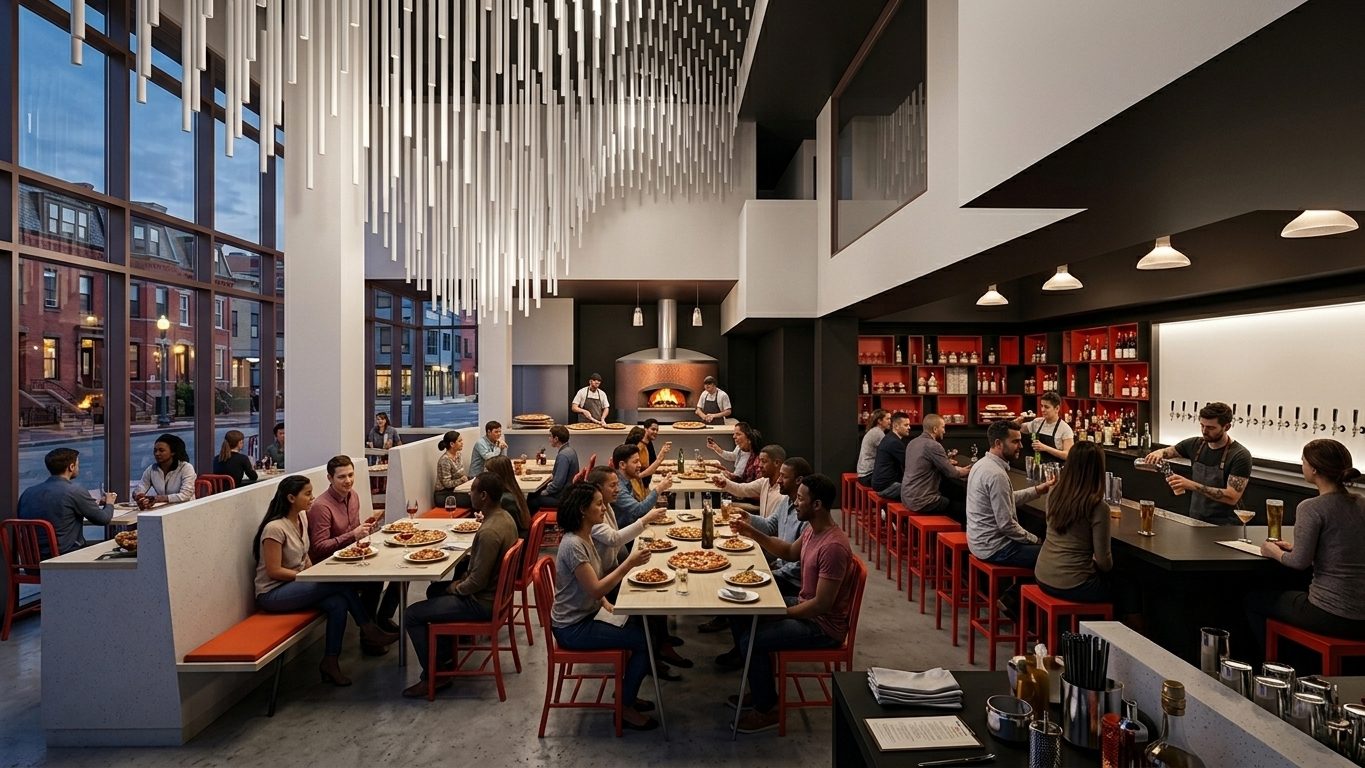 View through the dining hall toward the brand's prominent pizza oven at the rear: a rolling field of white dowels hangs from the double-height ceiling above the long communal table, low banquettes line the left wall with their red-orange seat tops, and the bar zone is visible at right under a lower ceiling with its grid of orange and white blocks behind