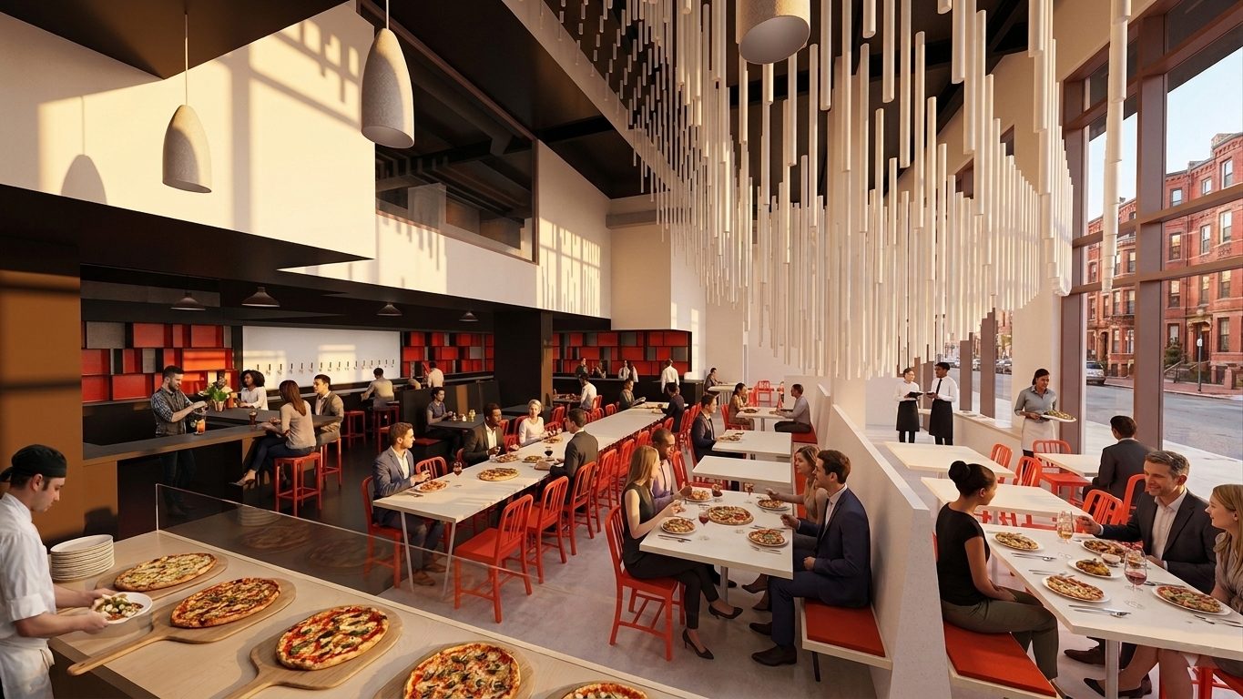 View from the kitchen looking down the length of the restaurant: the rolling field of white dowels above the central communal table, full-height windows on the right wall, red-orange chairs along the long table and the banquettes, and the bar zone at the back under a lower ceiling with the orange-block wall behind