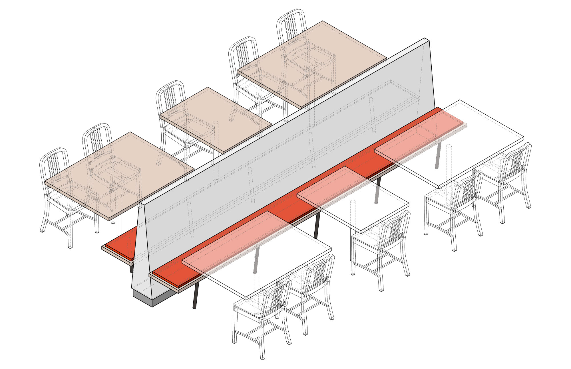 Isometric of a back-to-back banquette element in the dining hall: a low bench with red-orange seat tops running along both sides of a vertical white divider, dining tables and red-orange chairs ghosted in line on each side, drawing the unit that organizes the side aisles of the room