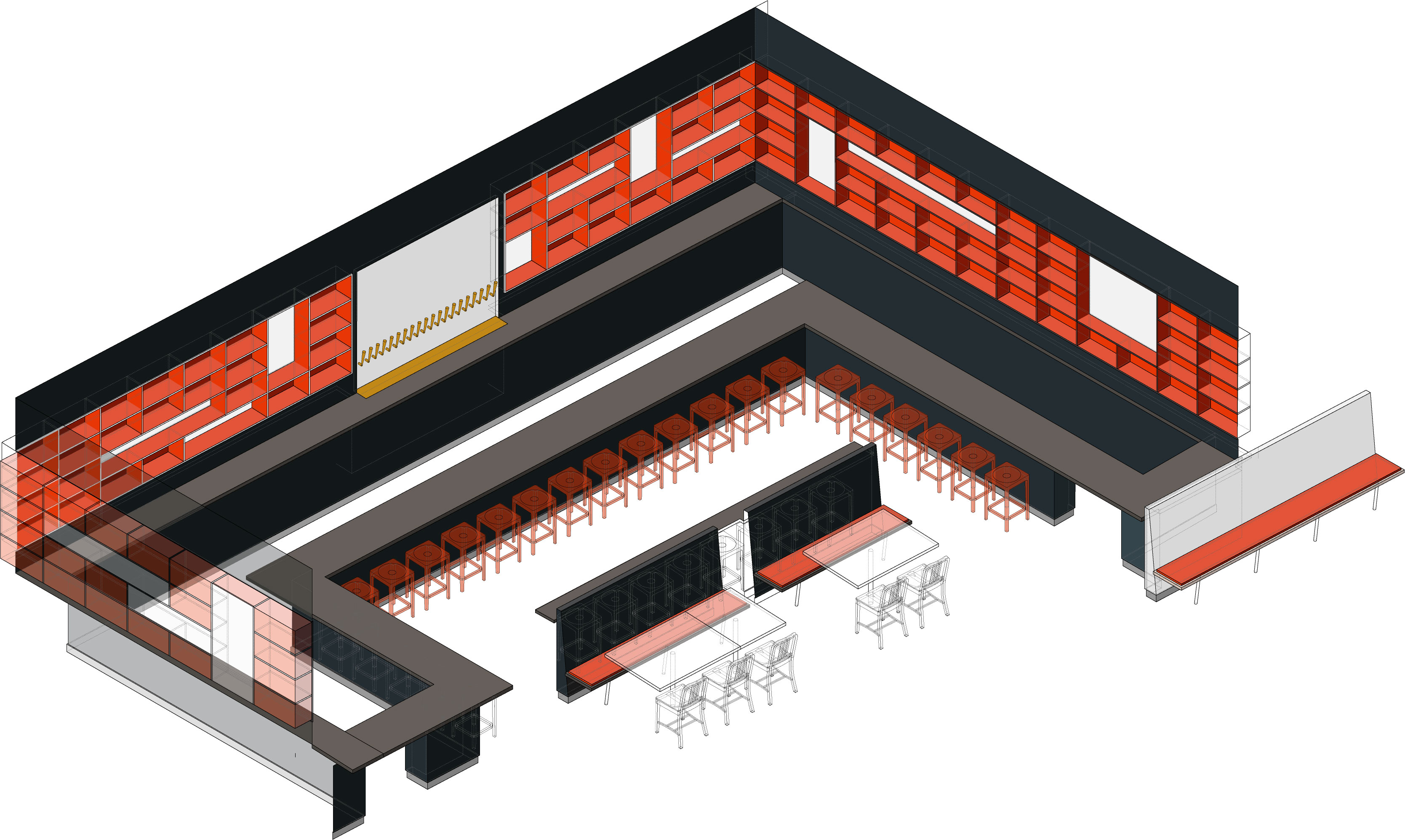 Isometric of the full bar zone: the L-shaped bar counter wrapping a corner with a continuous row of orange stools along the front, the wall behind drawn as a deep grid of orange and white panels acting as both shelving and graphic surface, a beer tap row on a white panel at the inside corner, and the dining tables and banquettes at the foreground in the larger room