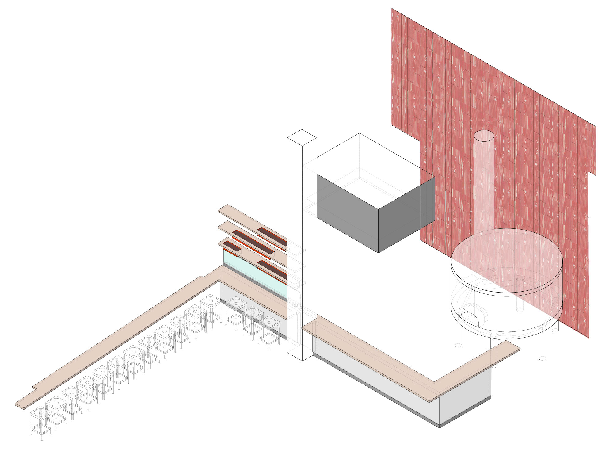 Isometric of the kitchen pass at the pizza oven: the cylindrical wood-fired oven with its exhaust stack rising against a red-brick wall at right, a stainless hood above, and the counter and rail running off to the left with a row of bar stools along the pass